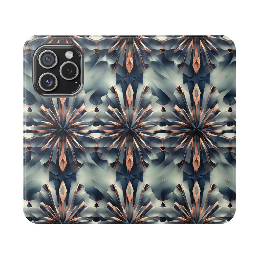 Obsidian Kaleidoscope iPhone 15 Pro Wallet Case - Elegant Abstract Flip Cover with Card Slots