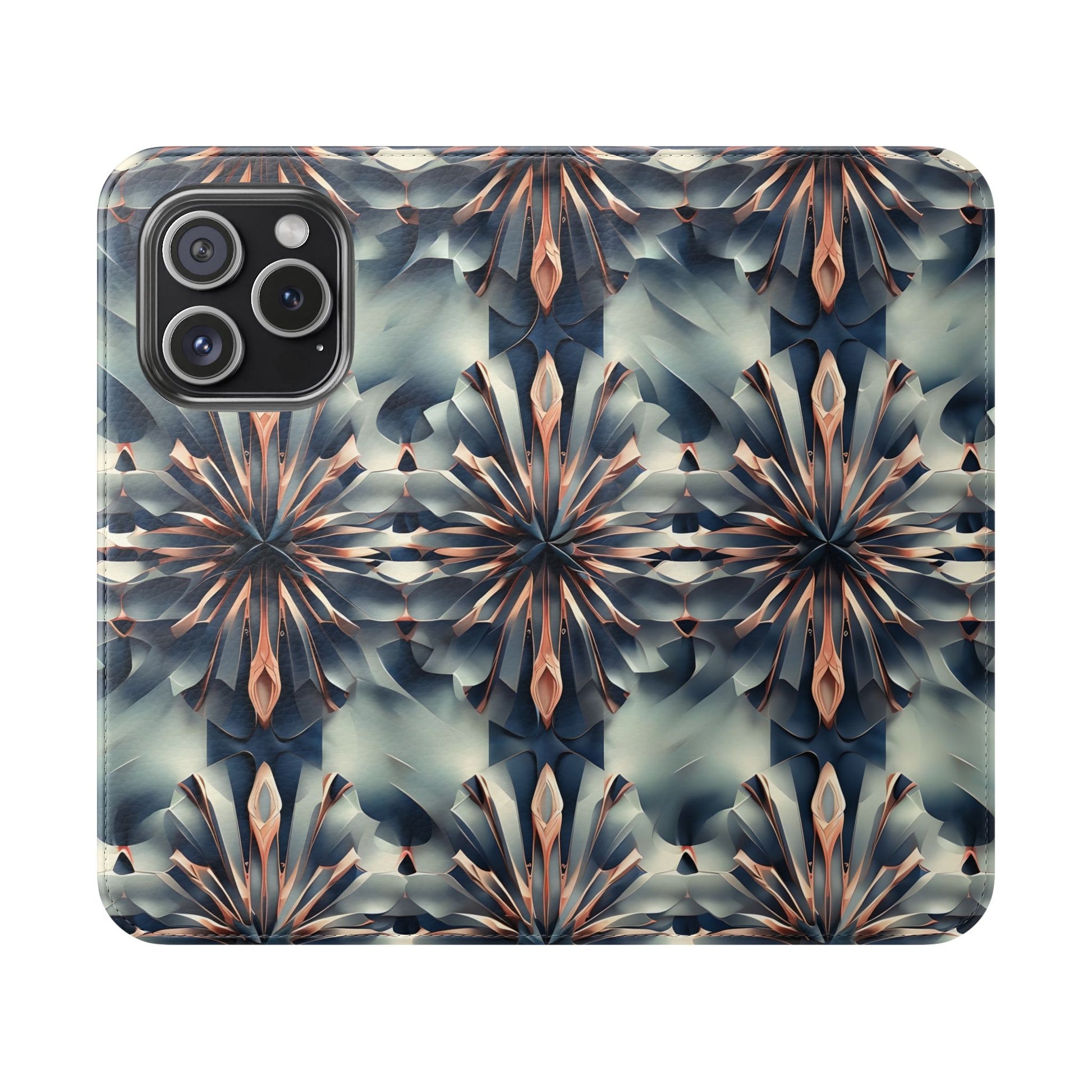 Obsidian Kaleidoscope iPhone 15 Pro Wallet Case - Elegant Abstract Flip Cover with Card Slots