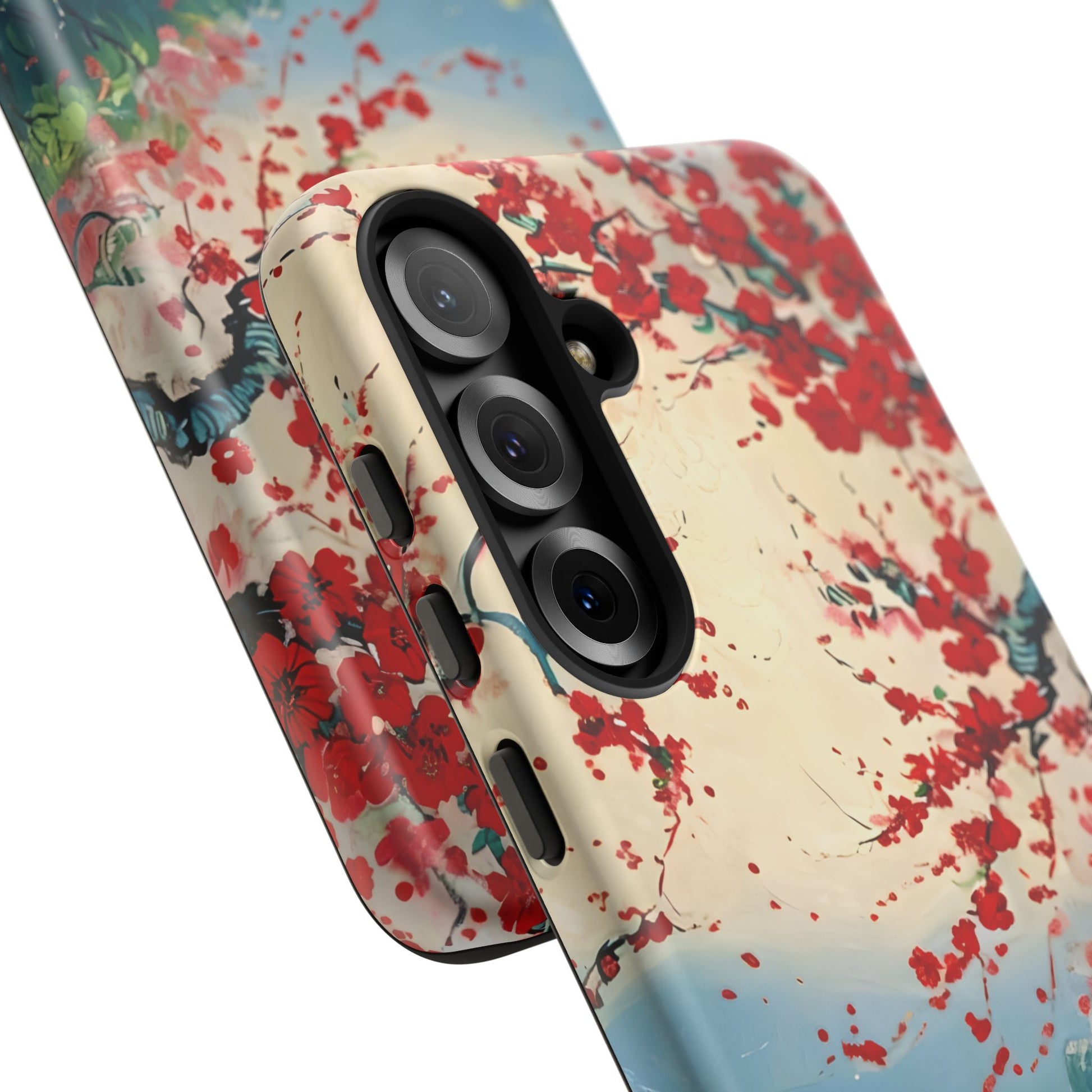 Crimson Blossom Lake - Artistic Floral Landscape Samsung Galaxy S25 Plus Tough Phone Case - Red Cherry Blossoms & Serene Lake Design