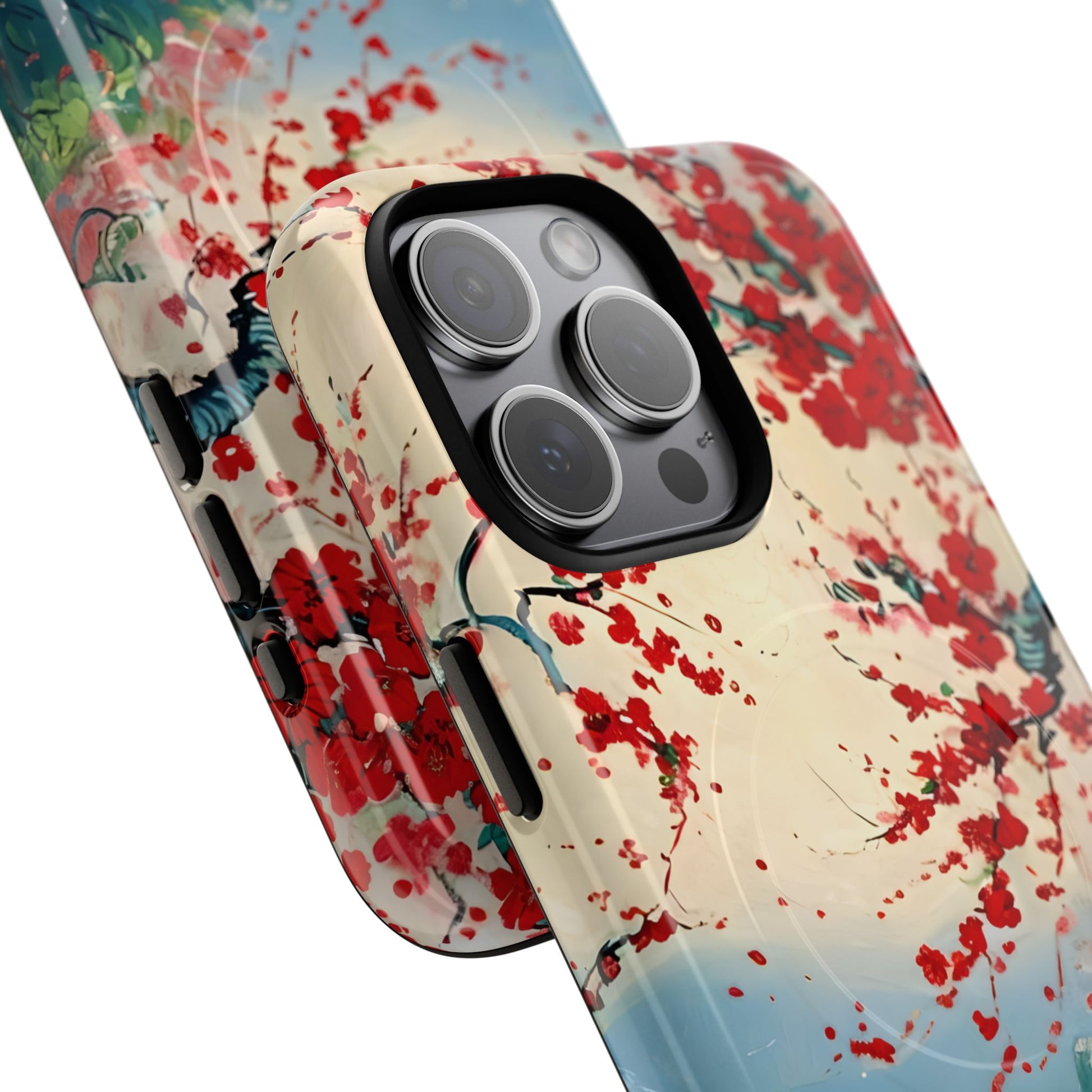 Crimson Blossom Lake - Artistic Floral Landscape iPhone 15 Pro Max MagSafe Phone Case - Red Cherry Blossoms & Serene Lake Design