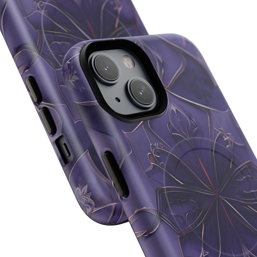 Violet Nebula - Kaleidoscope Collection Artistic Floral Burst - iPhone 14 MagSafe Phone Case -Bold Purple Symmetrical Design