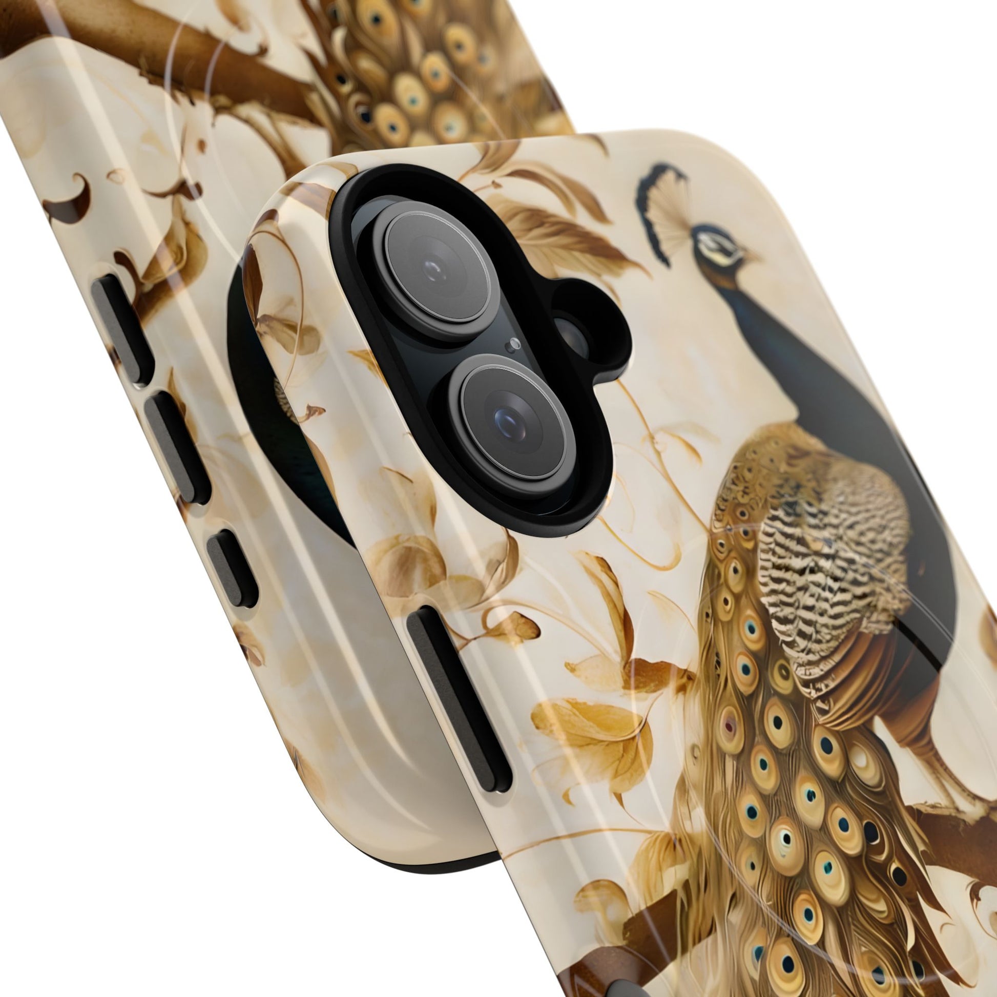 Golden Plumage - Luxe Peacock Art iPhone 16 Phone Case - MagSafe Compatible - Elegant Gold & Cream Design