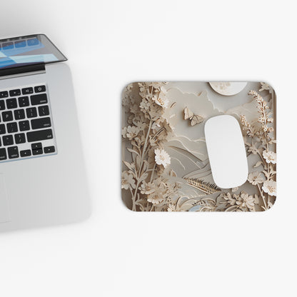 Moonlit Garden mouse pad beside laptop displaying botanical floral artwork