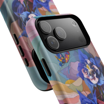 Angled view of Blue Columbine Carnivale iPhone MagSafe protective phone case with large camera cutout