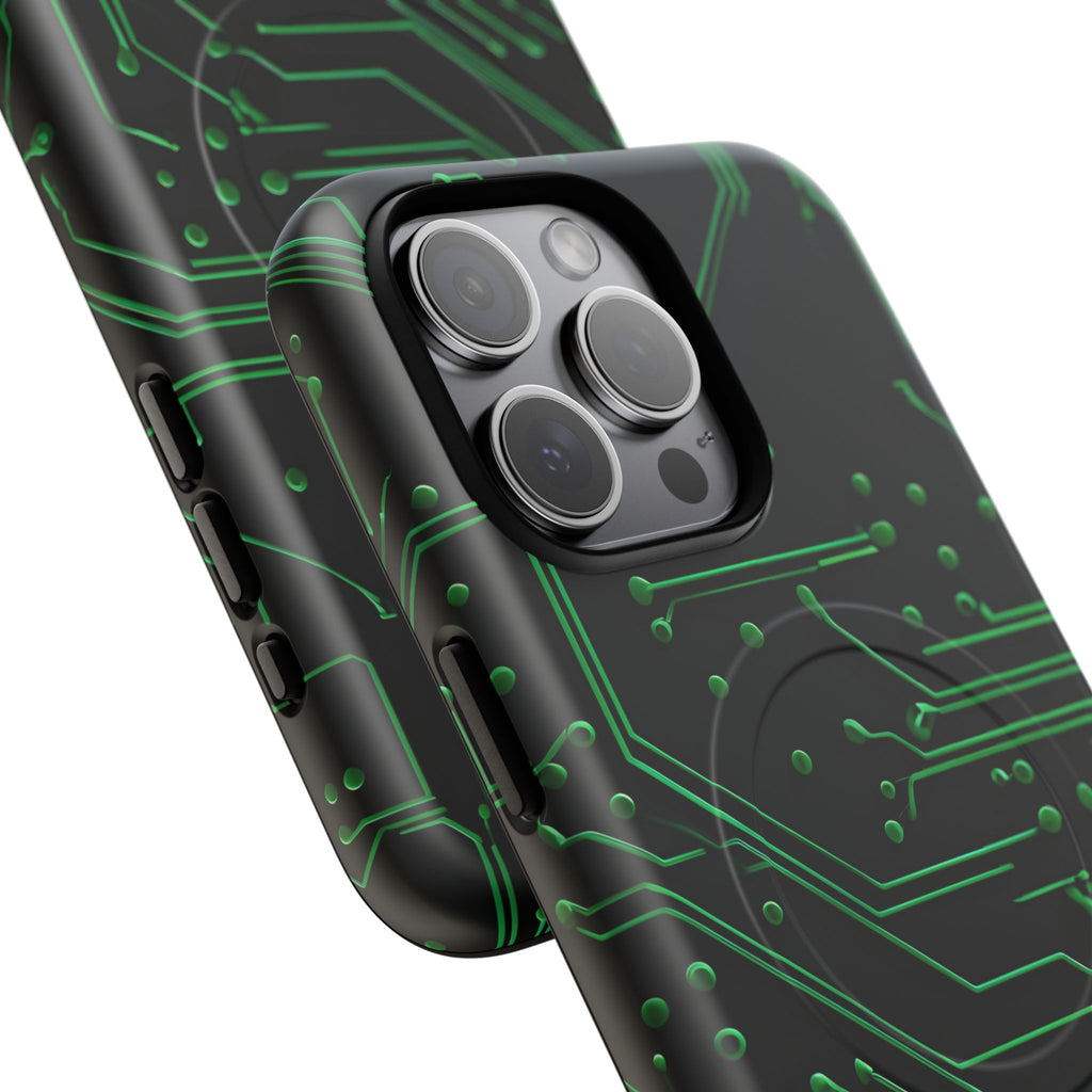 Green Circuit Grid iPhone 15 Pro Max MagSafe Compatible case- Tech-Inspired Shockproof Cover