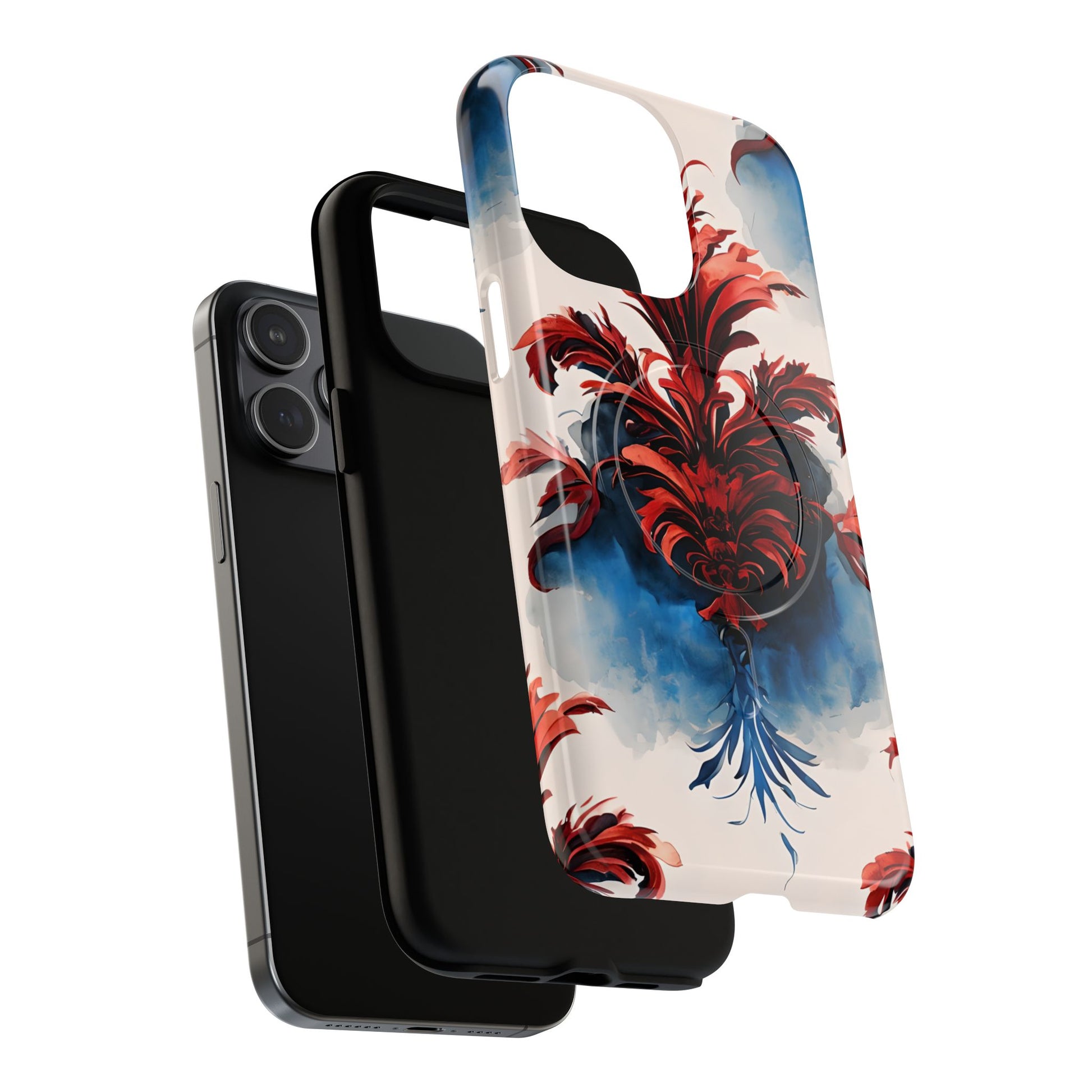 Crimson Plume - Bold Artistic Feather iPhone 15 Pro Max MagSafe Phone Case - Dramatic Red & Blue Design