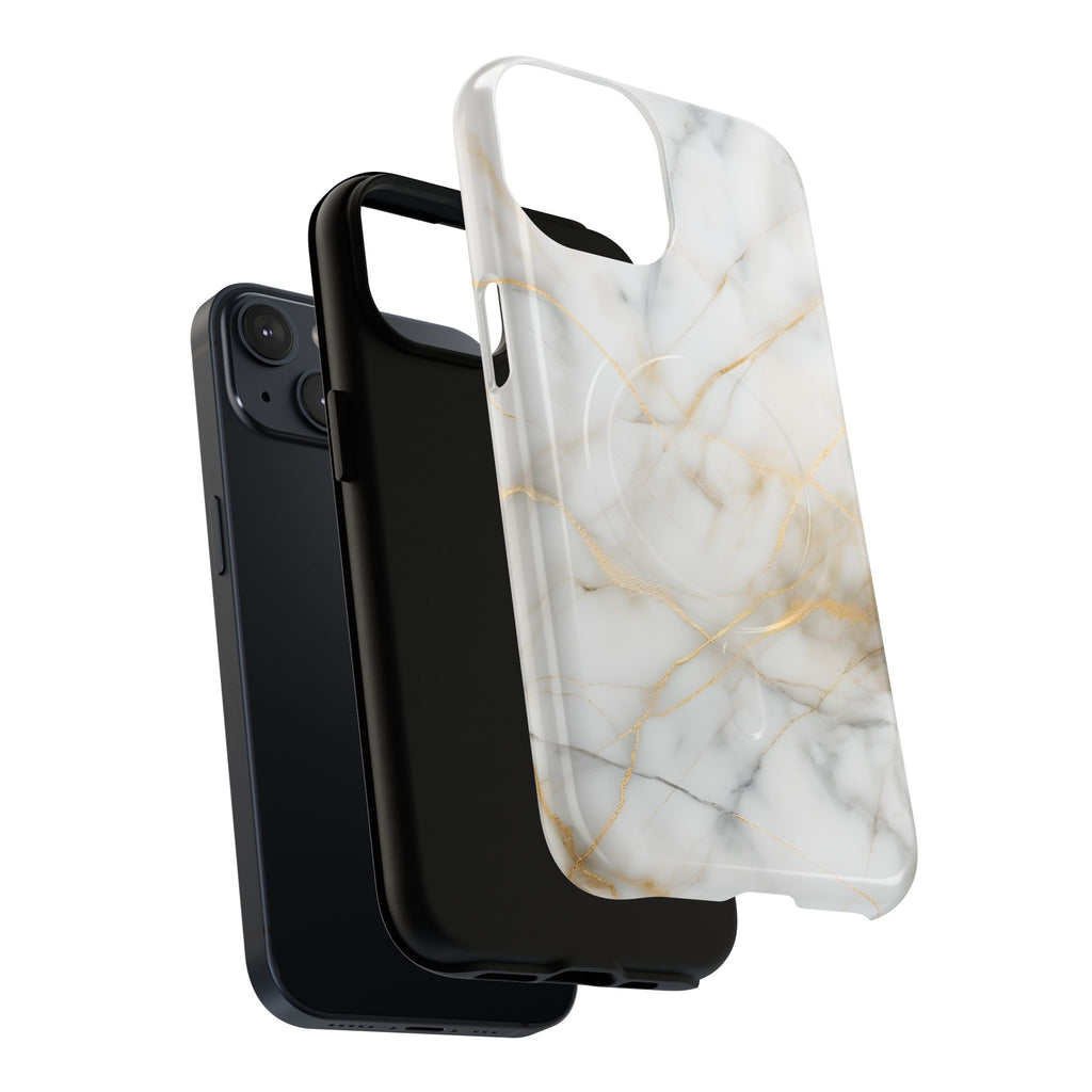 Golden Vein iPhone 14 MagSafe Phone Case -White Neutral Marble Design