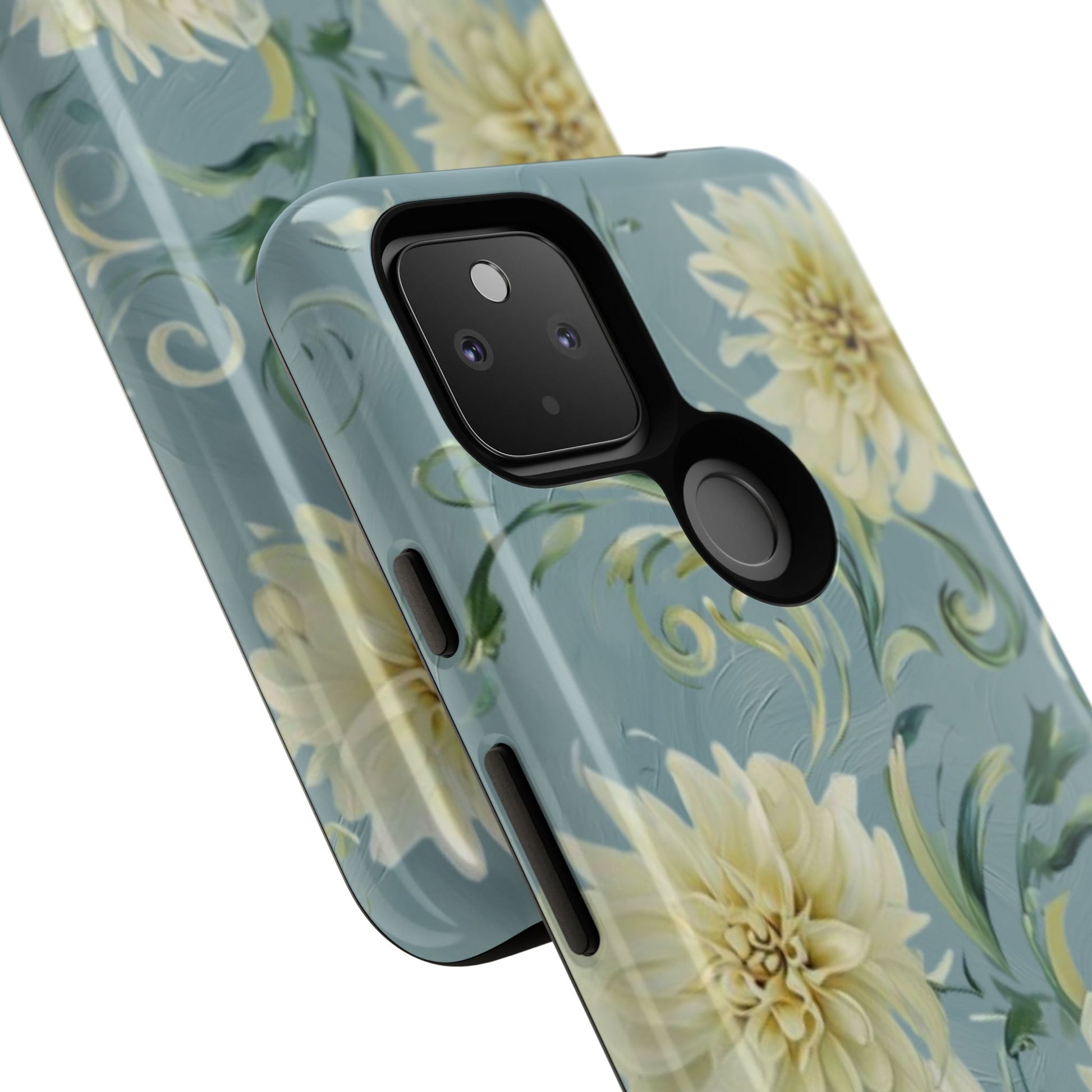 Golden Dahlia Trio - Elegant Floral Google Pixel 4a 5G Tough Phone Case - Artistic White & Blue Dahlia Design
