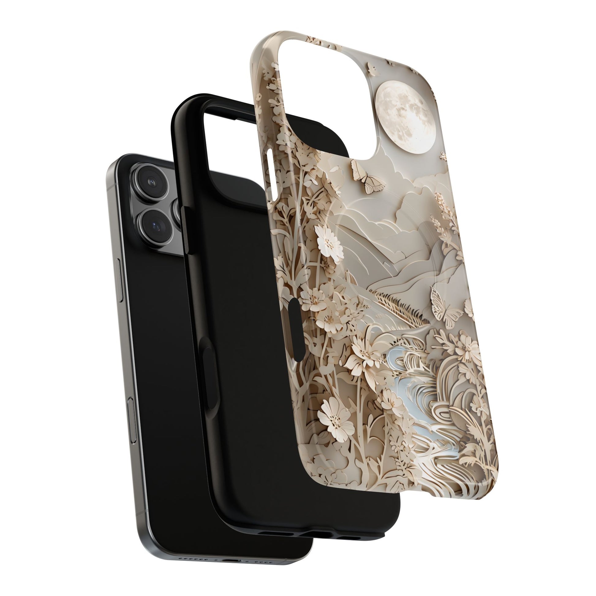 Moonlit Garden - Elegant Neutral Floral iPhone 16 Pro Max MagSafe Phone Case - Painterly Botanical & Moon Design