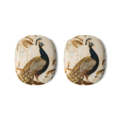 Golden Plumage AirPods Max ear cup covers with detailed golden peacock feathers and swirling cream pattern, flat product view