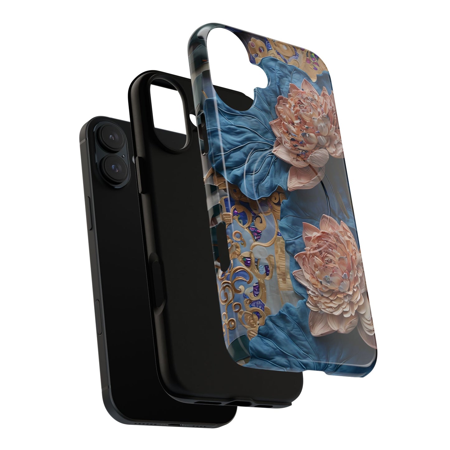 Peony Midnight Tapestry - iPhone Case- MagSafe Compatible - Elegant Blue & Blush Artful Phone Cover