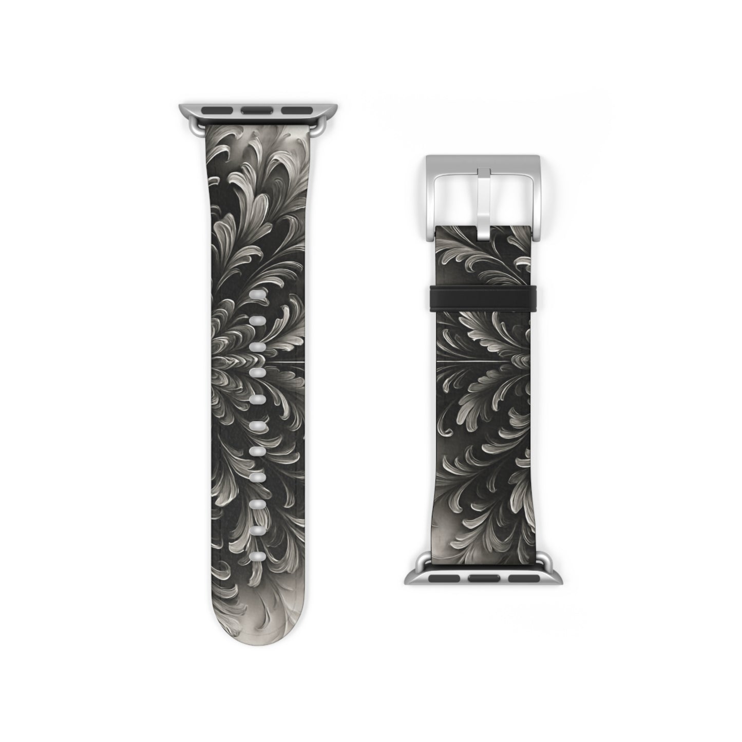 Obsidian Bloom Apple Watch band floral mandala design shown with silver clasp