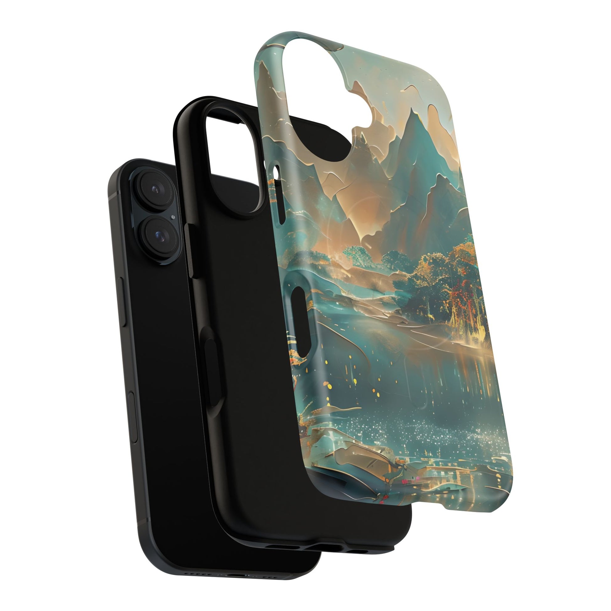 Misty Horizon - Serene Landscape Art iPhone 16 MagSafe Phone Case - Tranquil Mountain & Lake Design