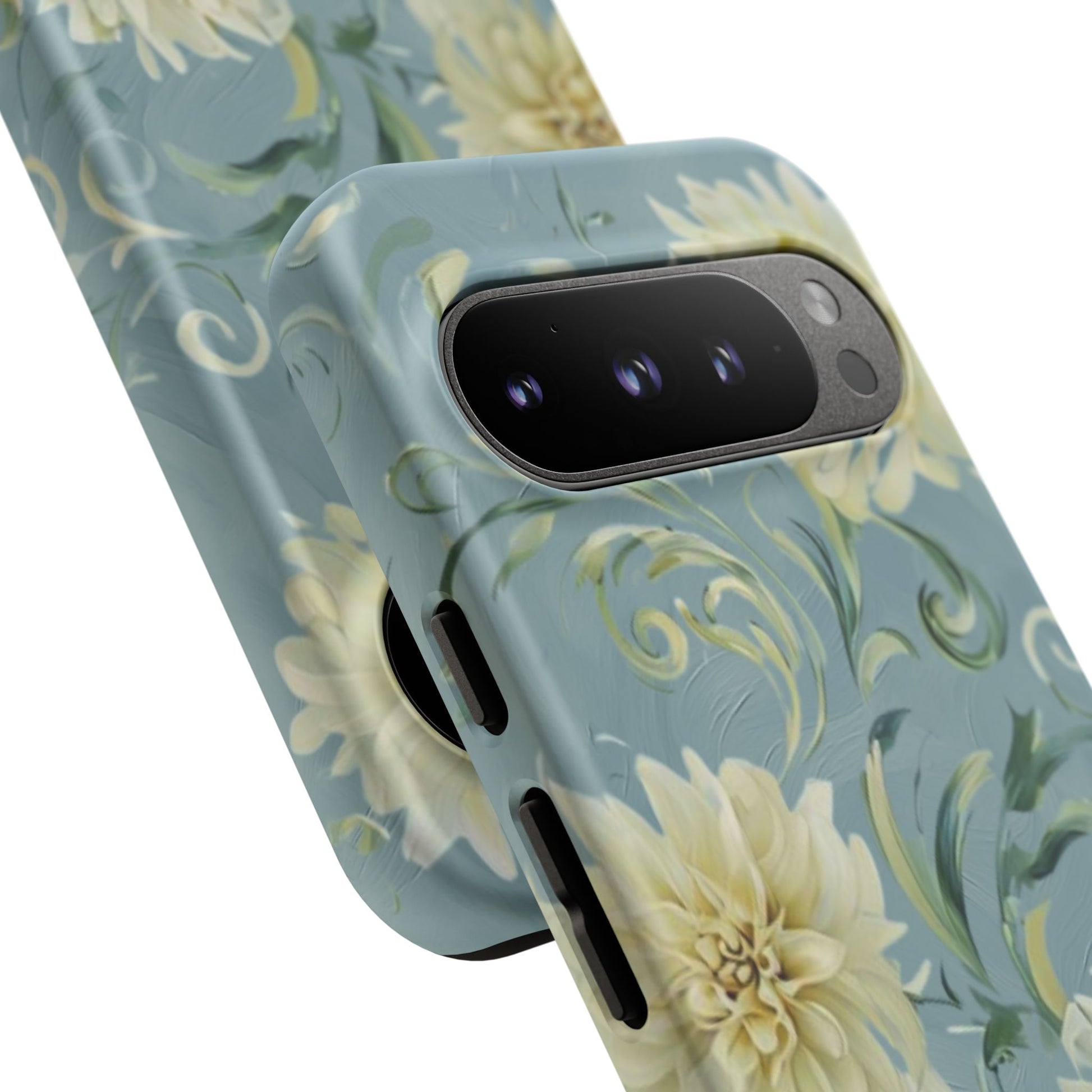 Golden Dahlia Trio - Elegant Floral Google Pixel 9 Pro Tough Phone Case - Artistic White & Blue Dahlia Design