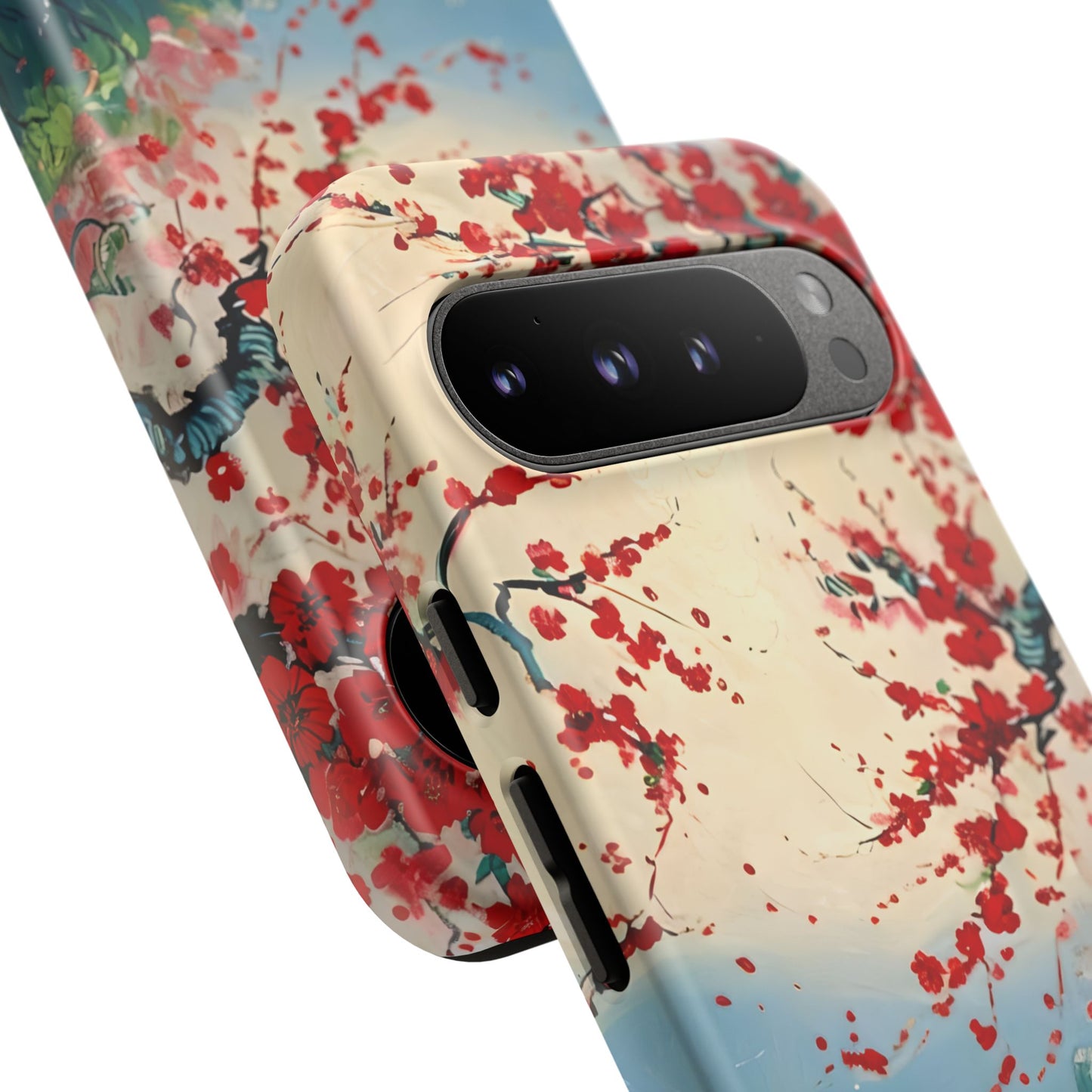 Crimson Blossom Lake - Artistic Floral Landscape Google Pixel 6 Tough Phone Case - Red Cherry Blossoms & Serene Lake Design