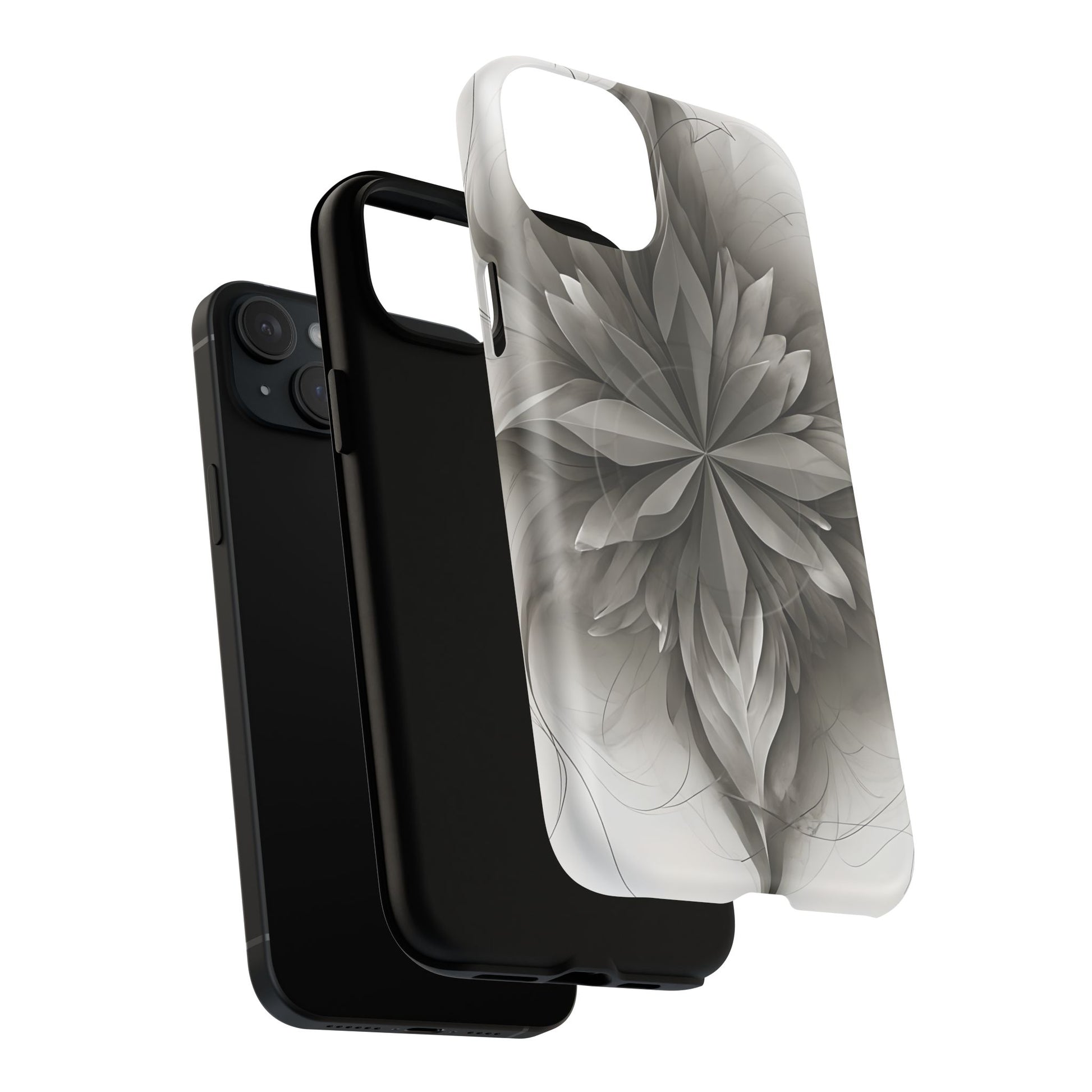 Silver Lotus - Elegant Monochrome Floral iPhone 15 Plus MagSafe Phone Case - Modern Lotus Design