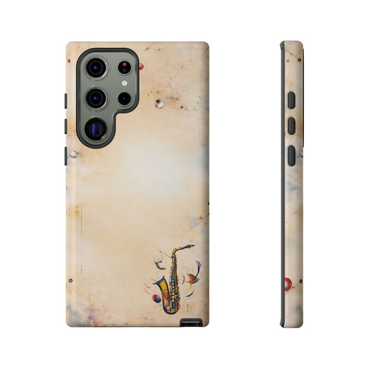 Brass Rhapsody Samsung Galaxy tough case with minimalist vintage saxophone illustration on parchment background, back and side view