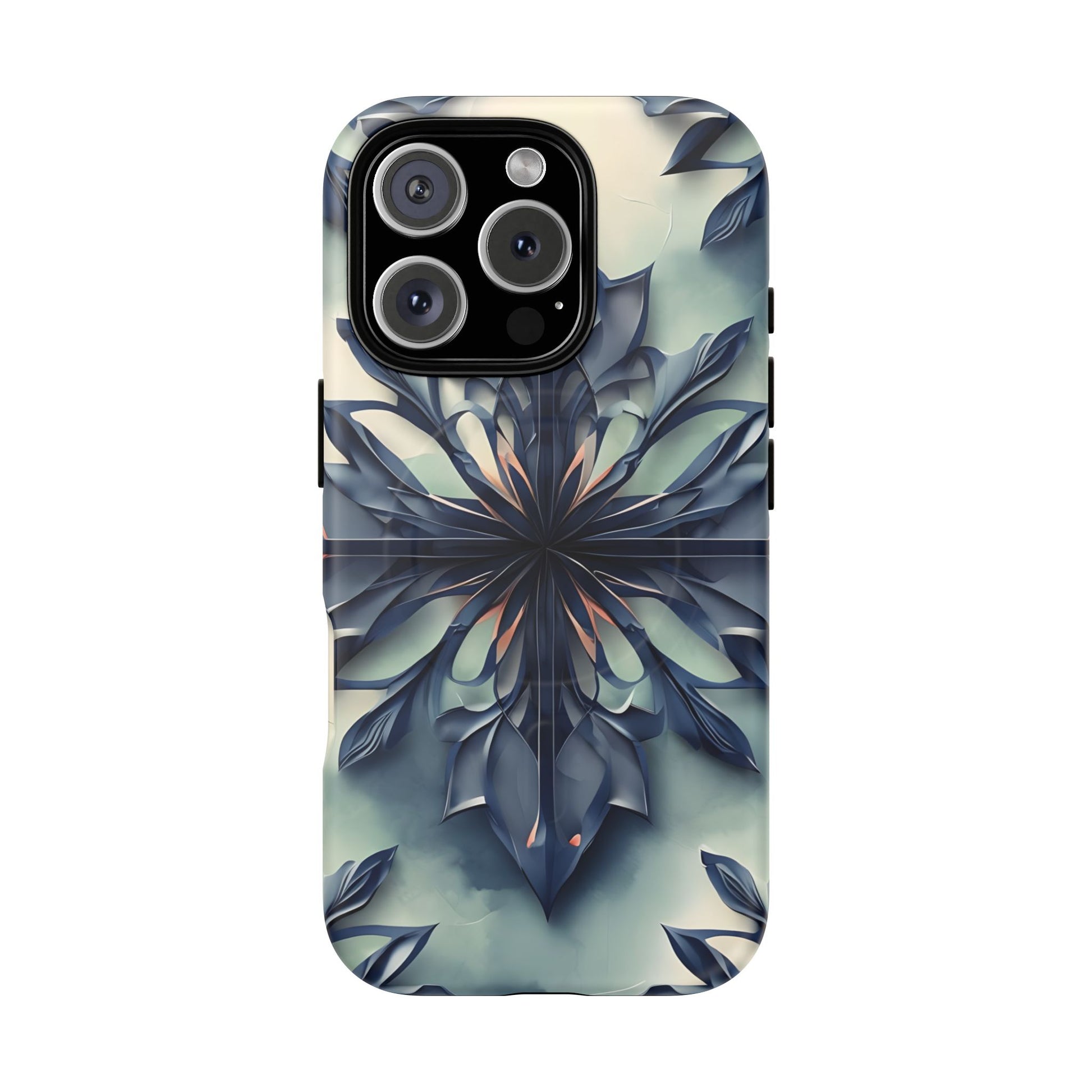Frosted Indigo Bloom - Artistic Kaleidoscope Collection Artistic Floral - iPhone 16 Pro MagSafe Phone Case -Blue Symmetrical Design