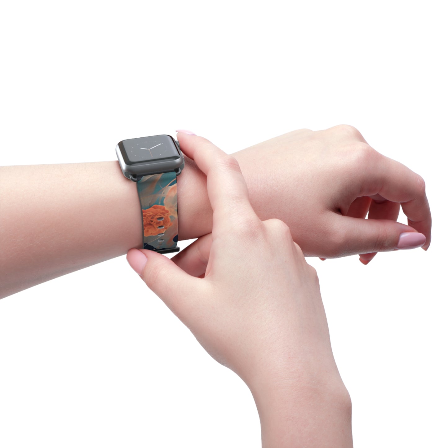 Lotus Reverie Apple Watch band worn on wrist featuring coral lotus floral design on dark background