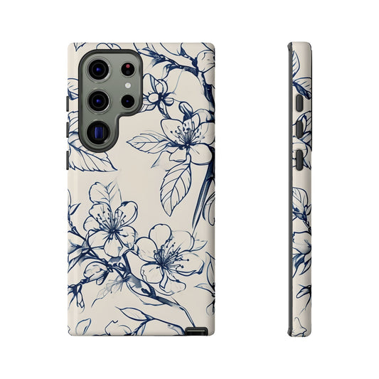 Blossom Sketch blue floral line art wraparound Samsung Galaxy phone case front and side view
