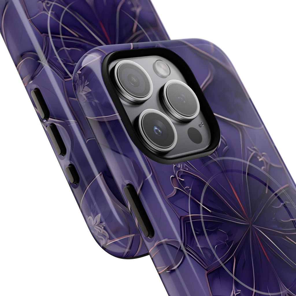 Violet Nebula - Kaleidoscope Collection Artistic Floral Burst - iPhone 15 Pro MagSafe Phone Case -Bold Purple Symmetrical Design