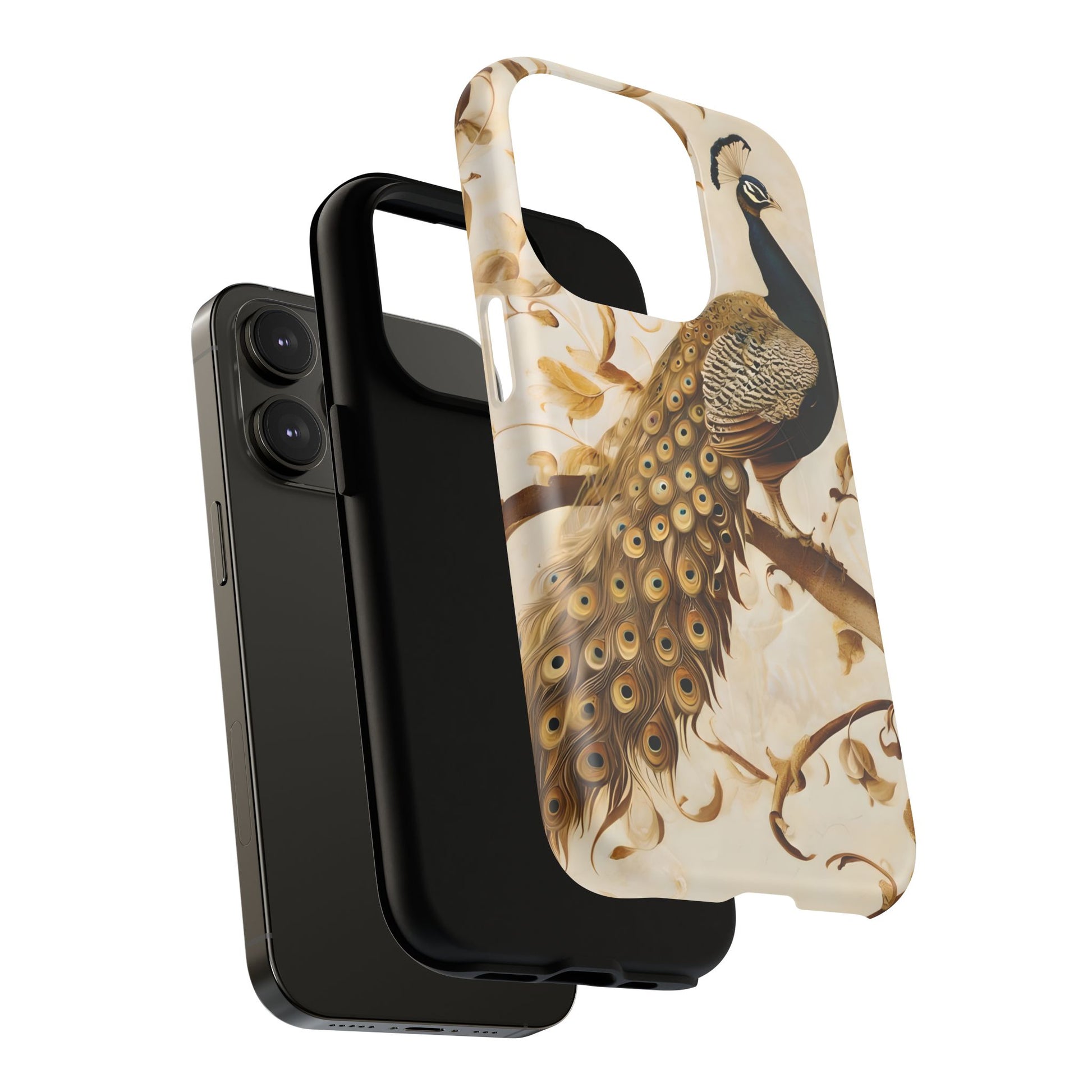 Golden Plumage - Luxe Peacock Art iPhone 14 Pro Phone Case - MagSafe Compatible - Elegant Gold & Cream Design