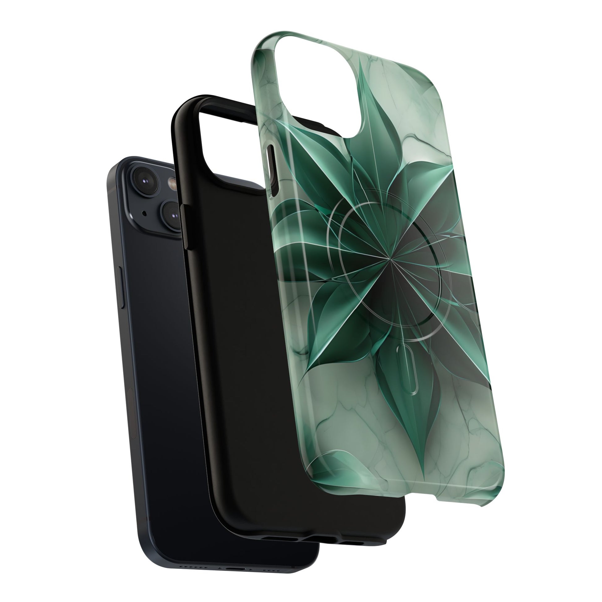 Emerald Bloom iPhone 14 Plus MagSafe Phone Case -Modern Symmetrical Floral Design, Green