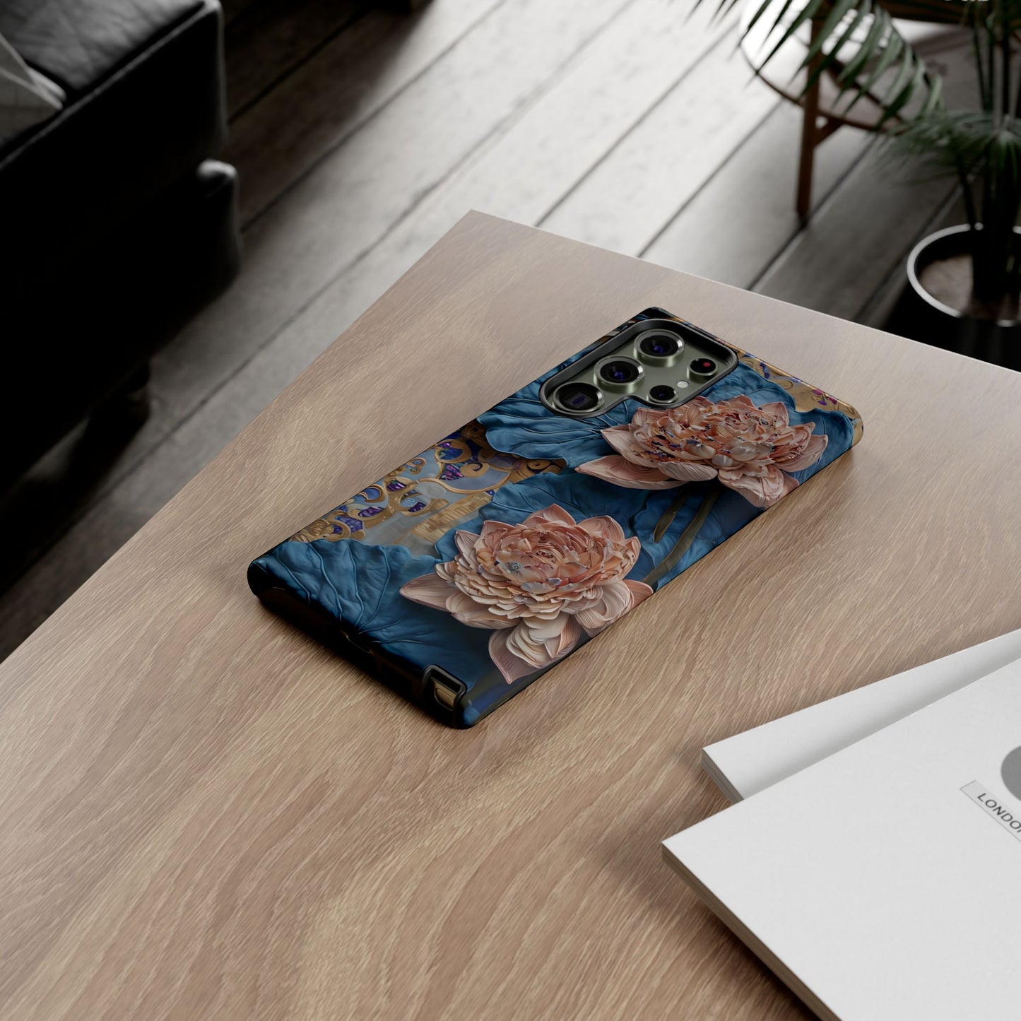 Peony Midnight Tapestry Samsung Galaxy floral phone case on wooden desk beside laptop and notebook, romantic lifestyle flat lay