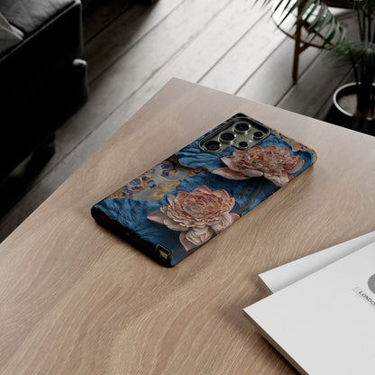 Peony Midnight Tapestry Samsung Galaxy floral phone case on wooden desk beside laptop and notebook, romantic lifestyle flat lay