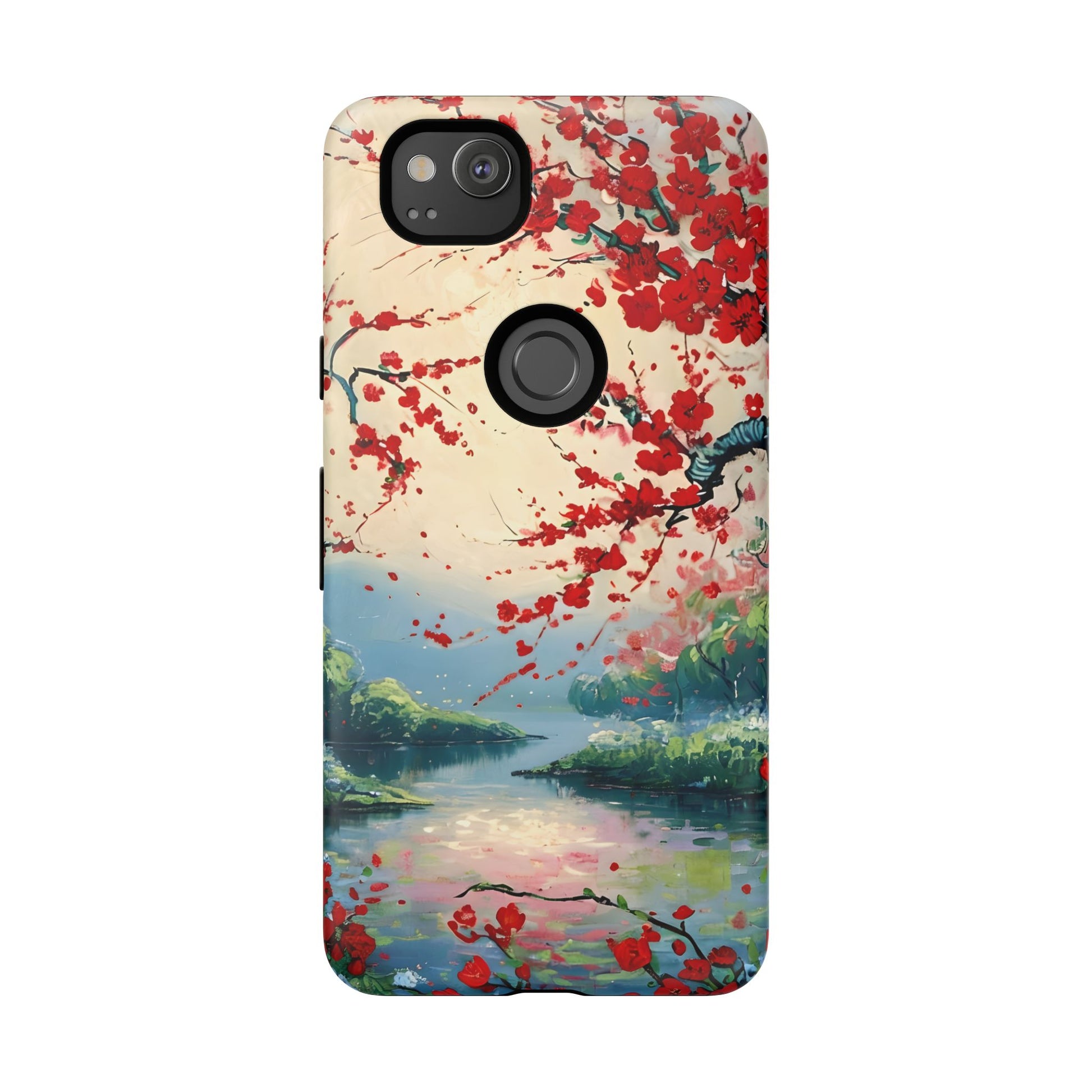 Crimson Blossom Lake - Artistic Floral Landscape Google Pixel 2 Tough Phone Case - Red Cherry Blossoms & Serene Lake Design