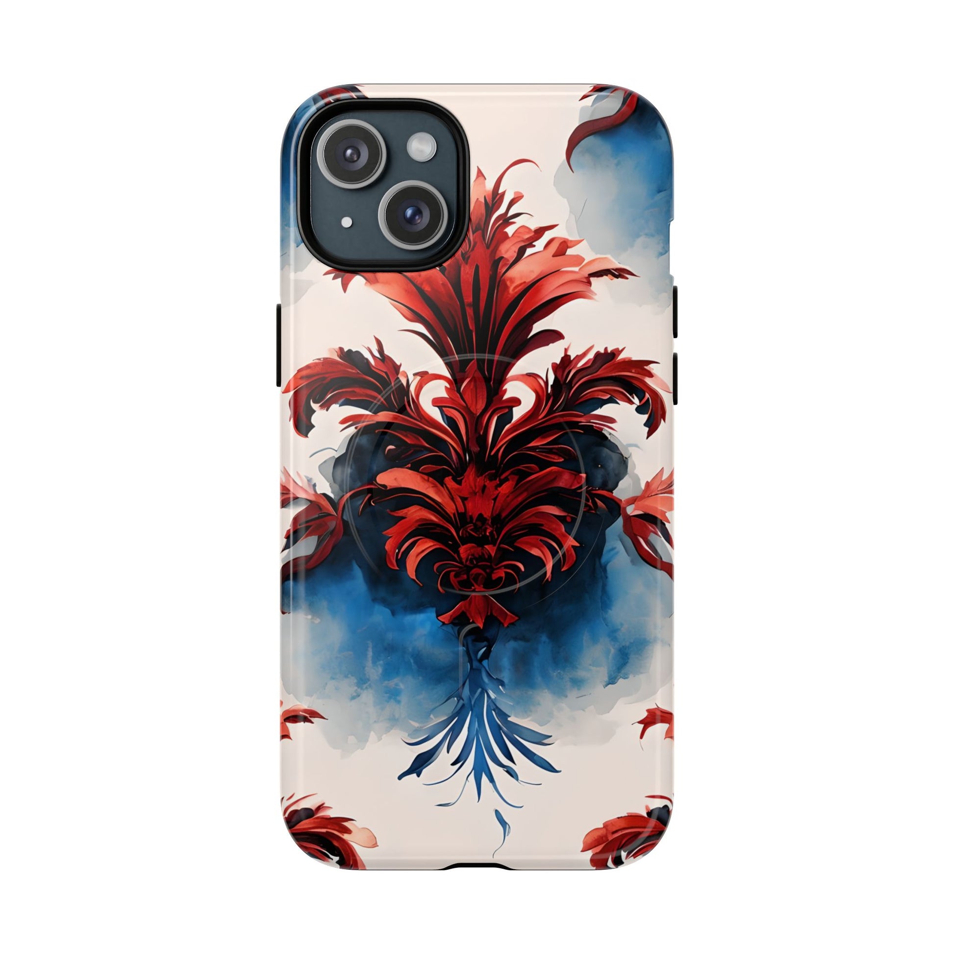 Crimson Plume - Bold Artistic Feather iPhone 15 Plus MagSafe Phone Case - Dramatic Red & Blue Design