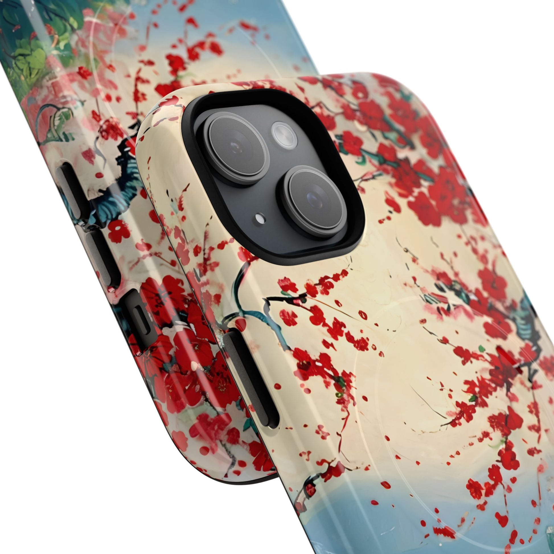 Crimson Blossom Lake - Artistic Floral Landscape iPhone 15 MagSafe Phone Case - Red Cherry Blossoms & Serene Lake Design