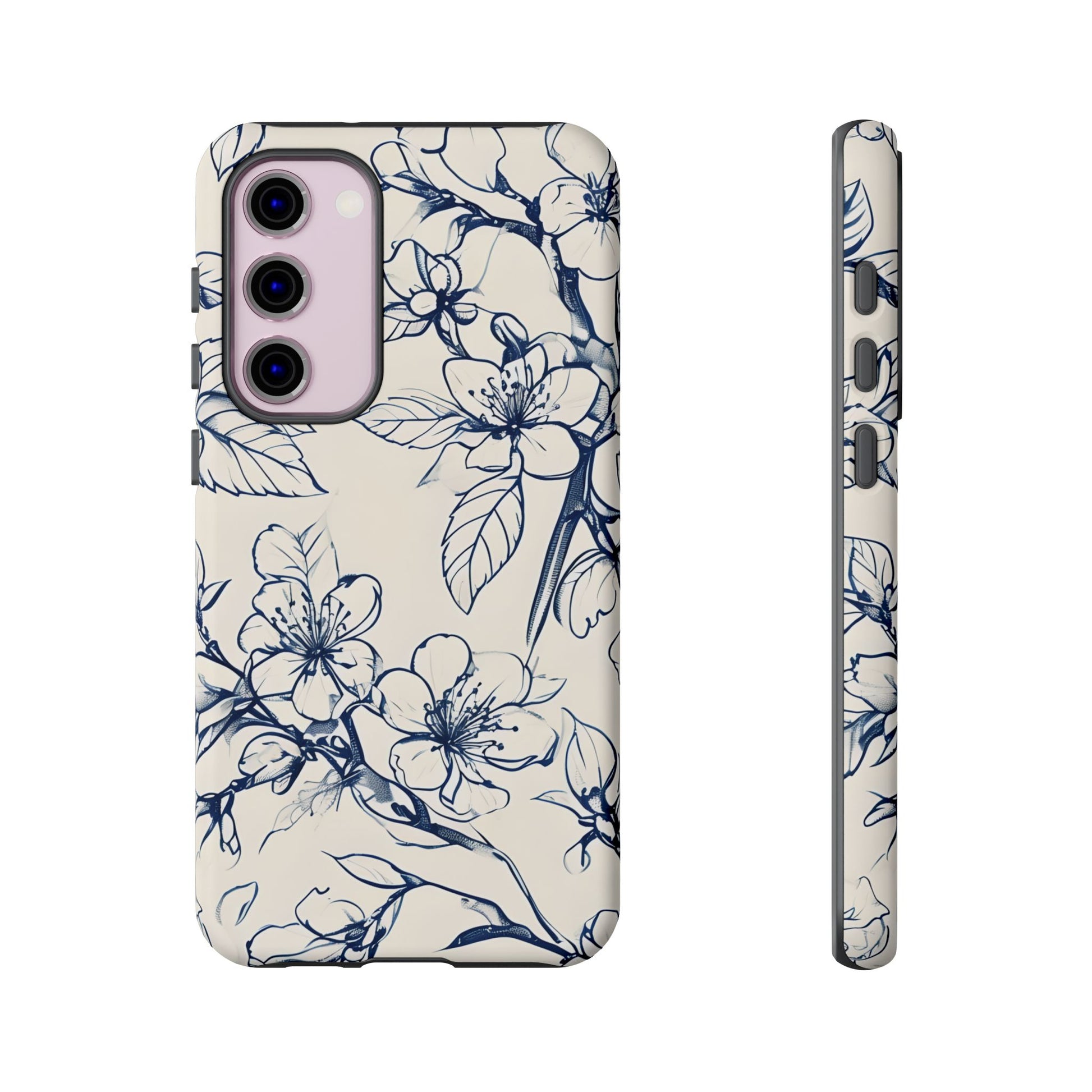 Blossom Sketch - Artistic Blue Floral Samsung Galaxy S23 Plus Tough Phone Case - Hand-Drawn Botanical Design