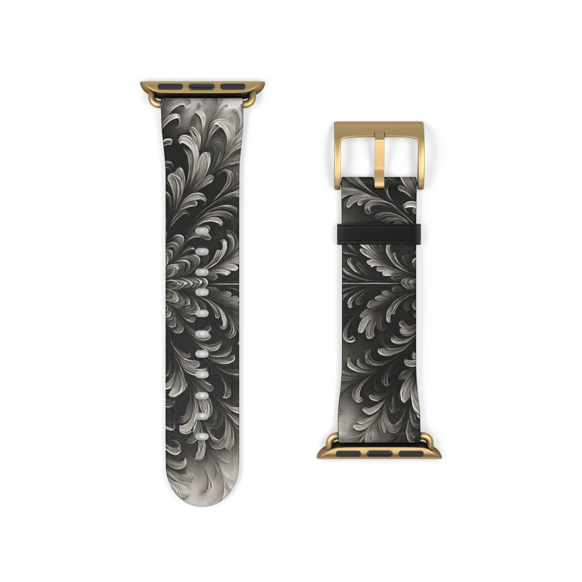 Obsidian Bloom Apple Watch band floral mandala design shown with gold clasp