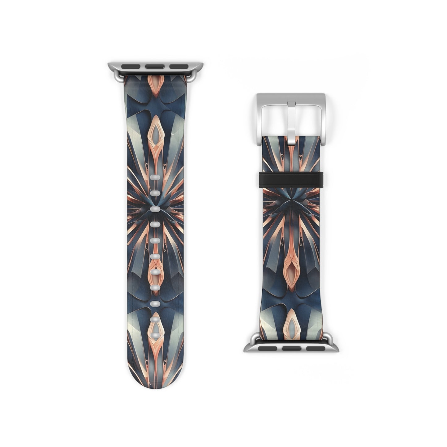 Obsidian Kaleidoscope Apple Watch band strap with silver clasp showing intricate kaleidoscope geometric artwork in dark obsidian tones
