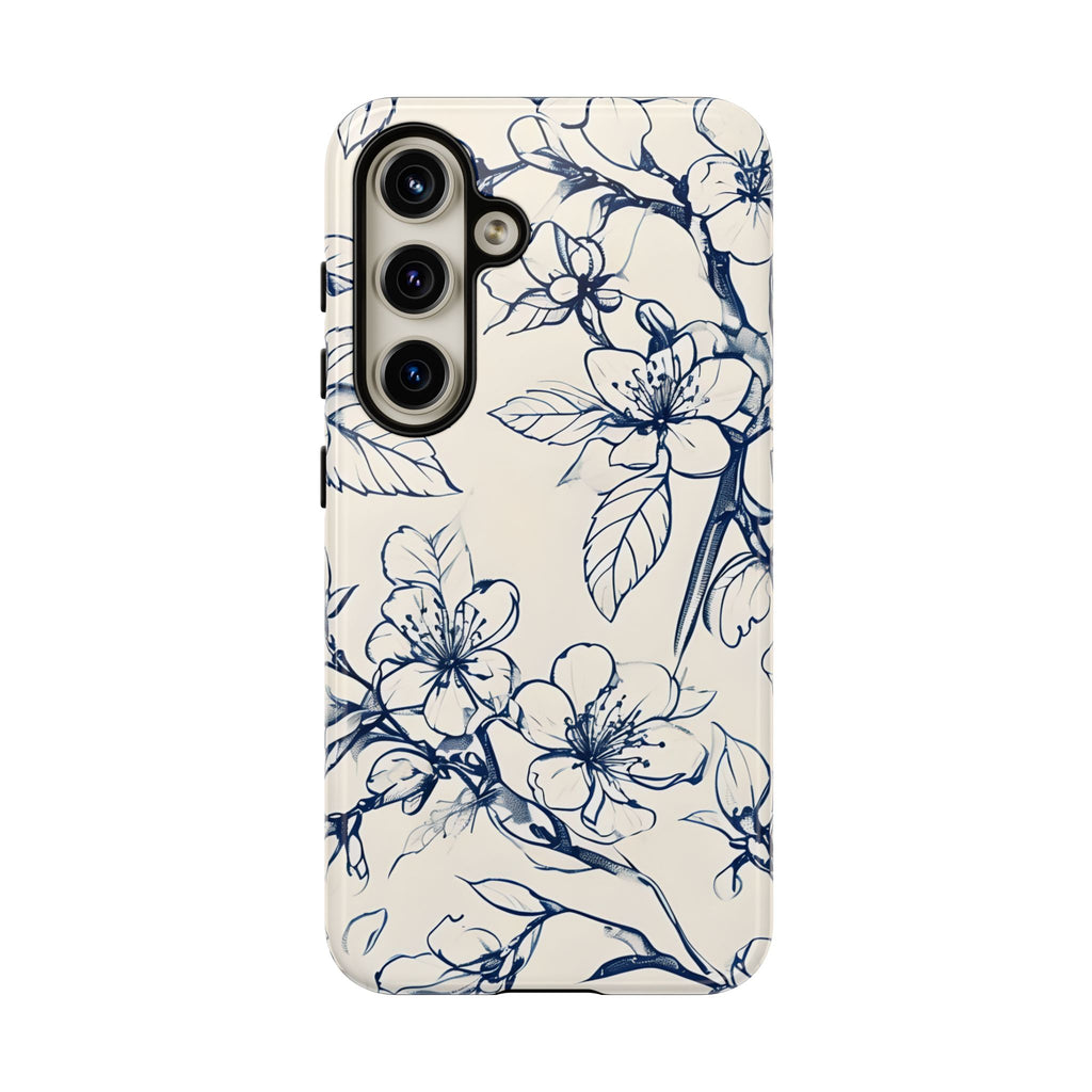 Blossom Sketch - Artistic Blue Floral Samsung Galaxy S24 Tough Phone Case - Hand-Drawn Botanical Design