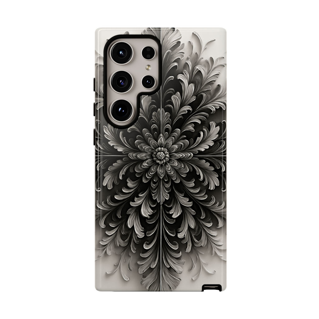 Obsidian Bloom - Elegant Black & White Samsung Galaxy S24 Ultra Tough Phone Case - Intricate Mandala Flower Design
