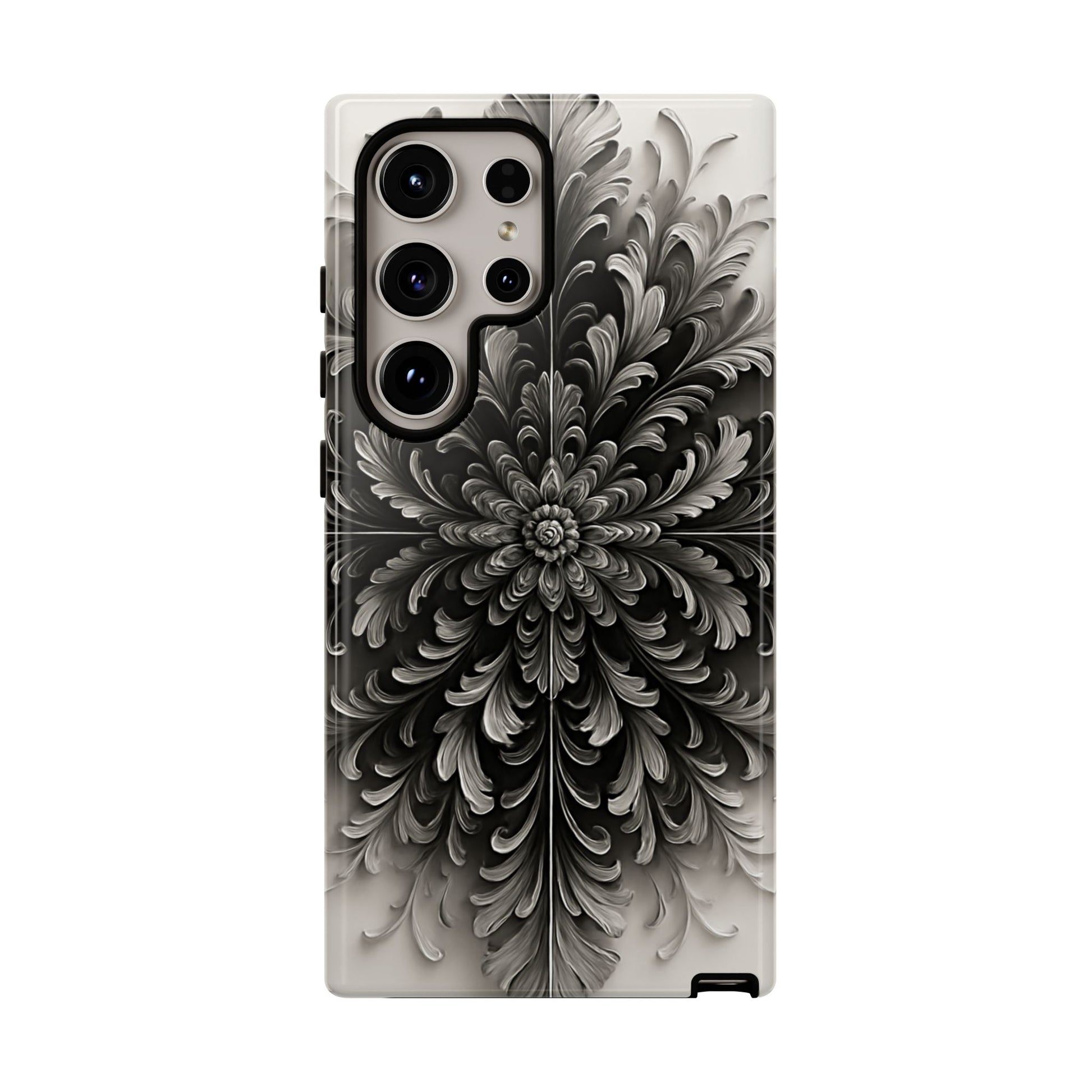 Obsidian Bloom - Elegant Black & White Samsung Galaxy S24 Ultra Tough Phone Case - Intricate Mandala Flower Design