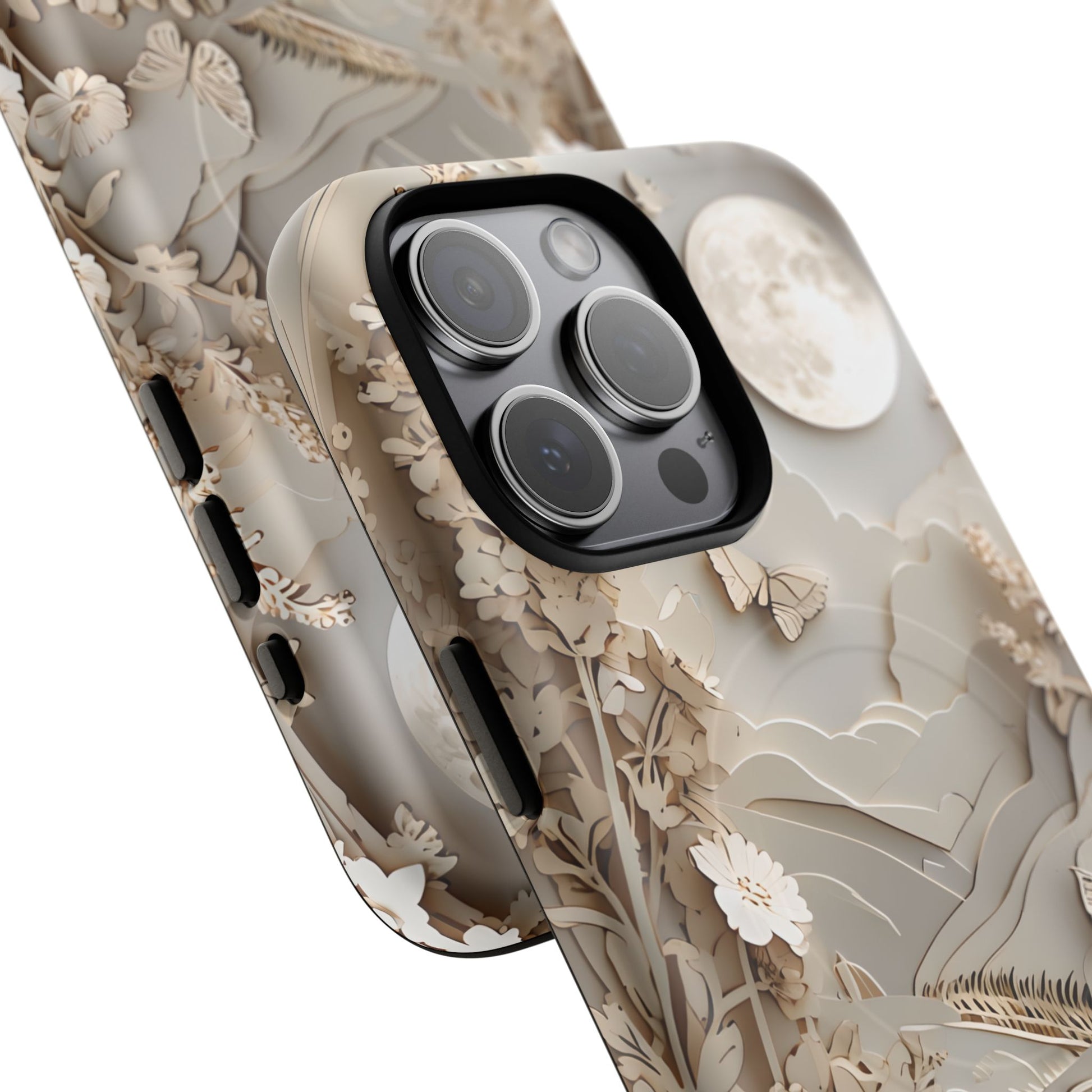 Moonlit Garden - Elegant Neutral Floral iPhone 15 Pro Max MagSafe Phone Case - Painterly Botanical & Moon Design
