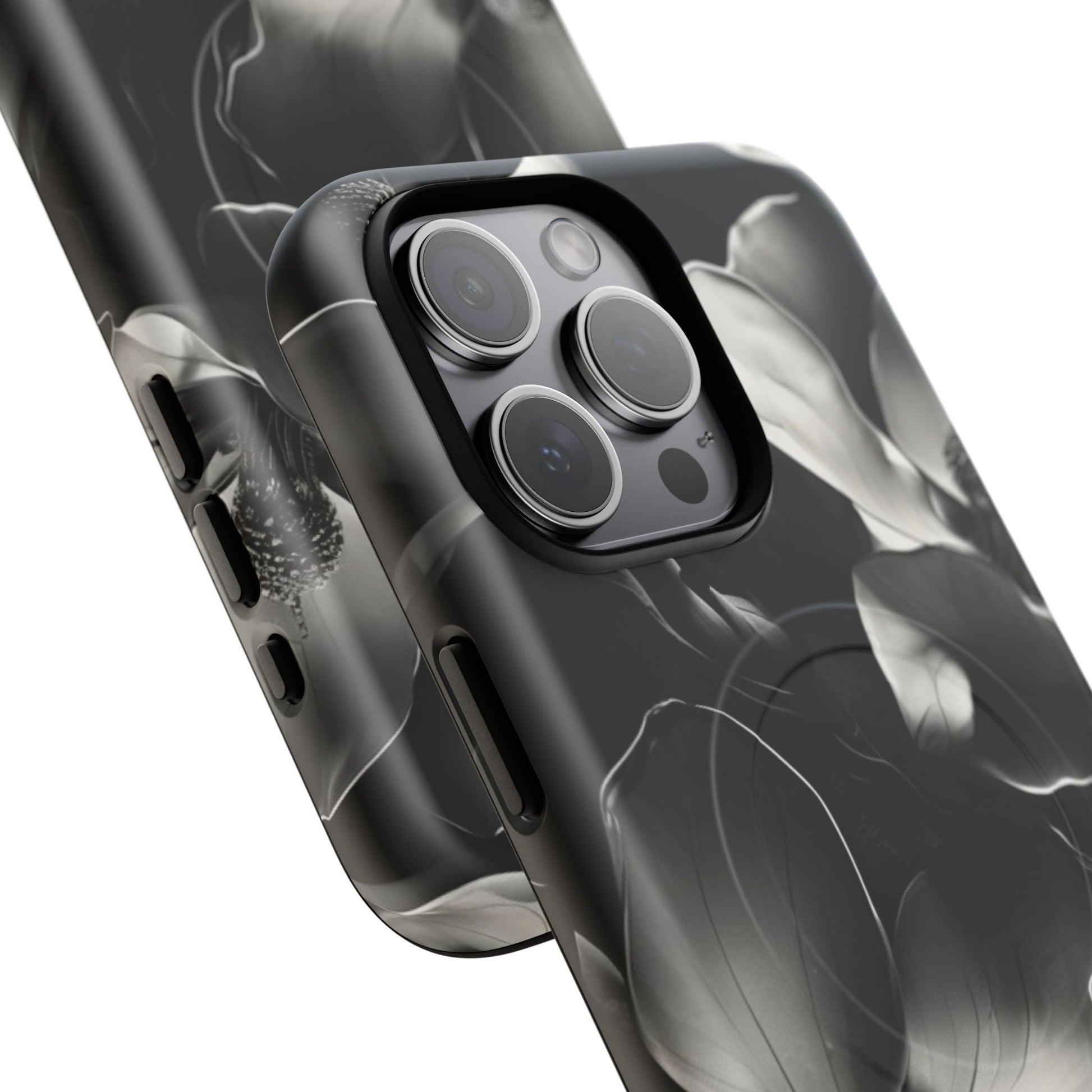 Monochrome Magnolia - Elegant Black & White Floral iPhone 15 Pro Max MagSafe Phone Case - Artistic Magnolia Design