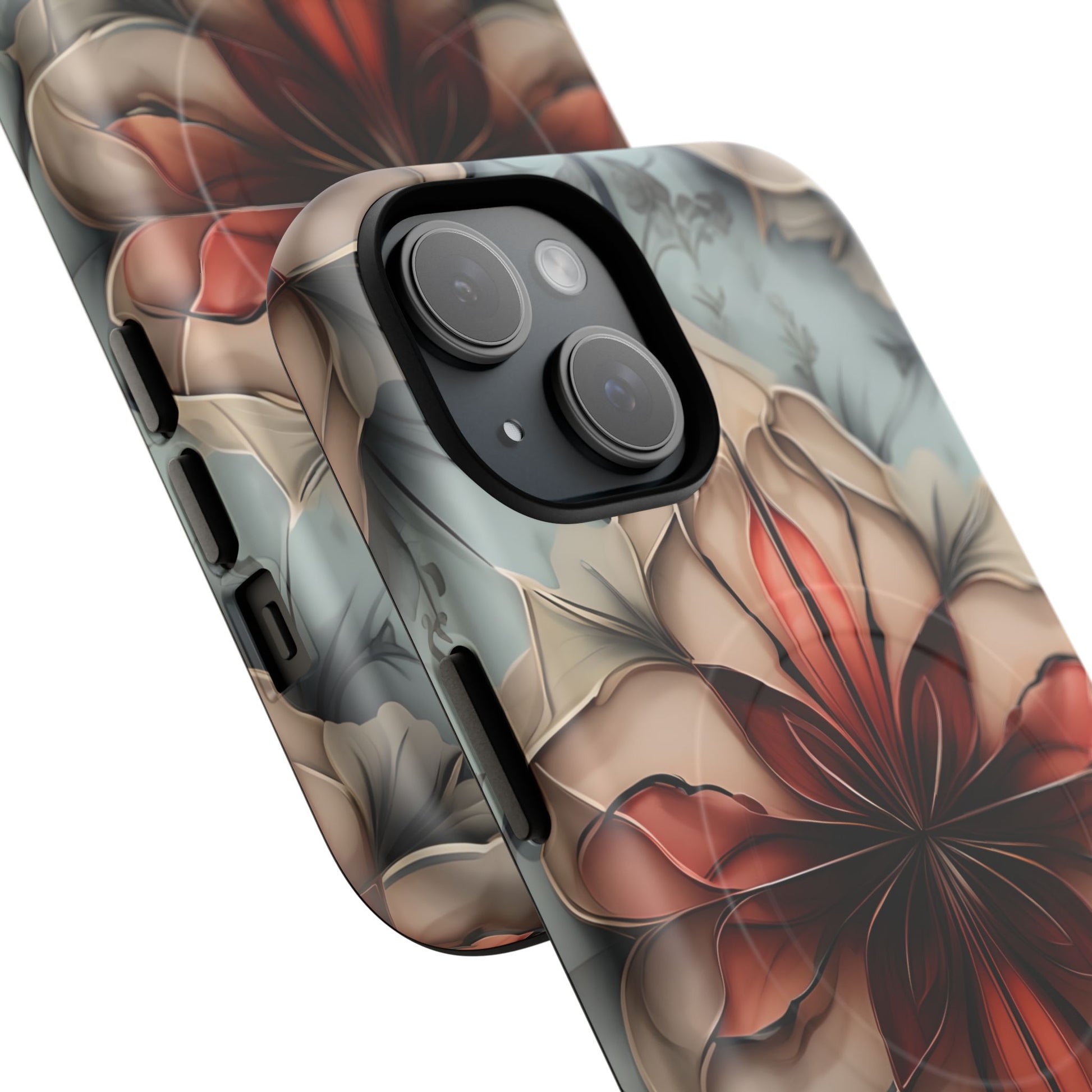 Ember Bloom - Kaleidoscope Collection Artistic Floral iPhone 15 MagSafe Phone Case - Fiery Symmetrical Design