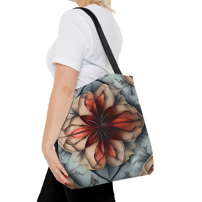 Ember Bloom canvas tote bag worn over shoulder showing vibrant ember red flower artwork