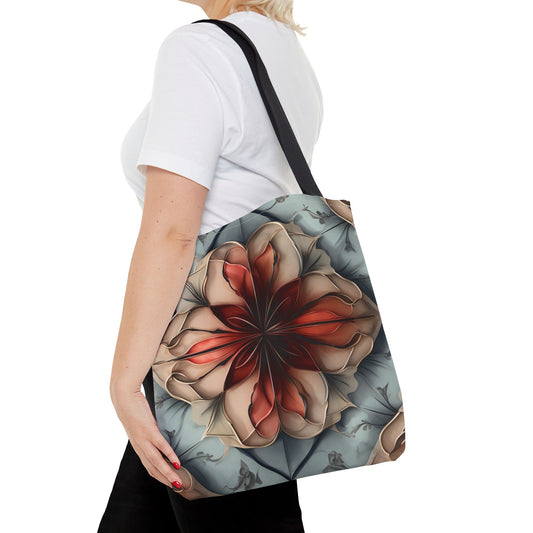 Ember Bloom canvas tote bag worn over shoulder showing vibrant ember red flower artwork