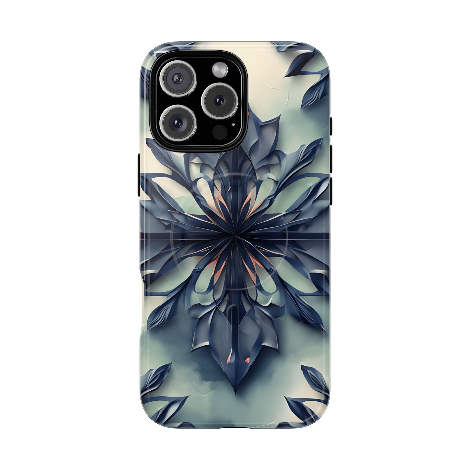 Frosted Indigo Bloom - Artistic Kaleidoscope Collection Artistic Floral - iPhone 16 Pro Max MagSafe Phone Case -Blue Symmetrical Design