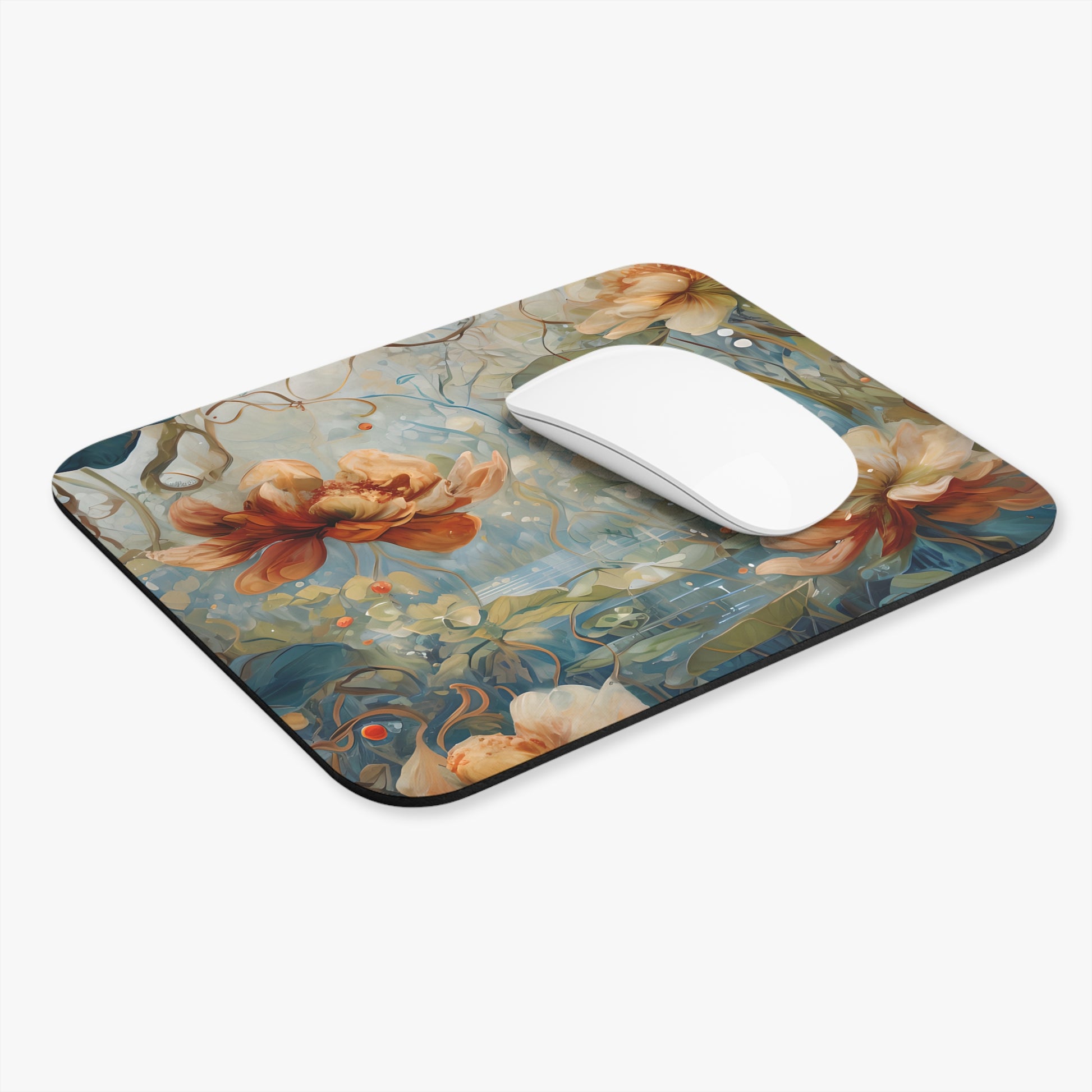 Waterlily Dreamscape mouse pad in workspace with mouse showing tranquil waterlily design