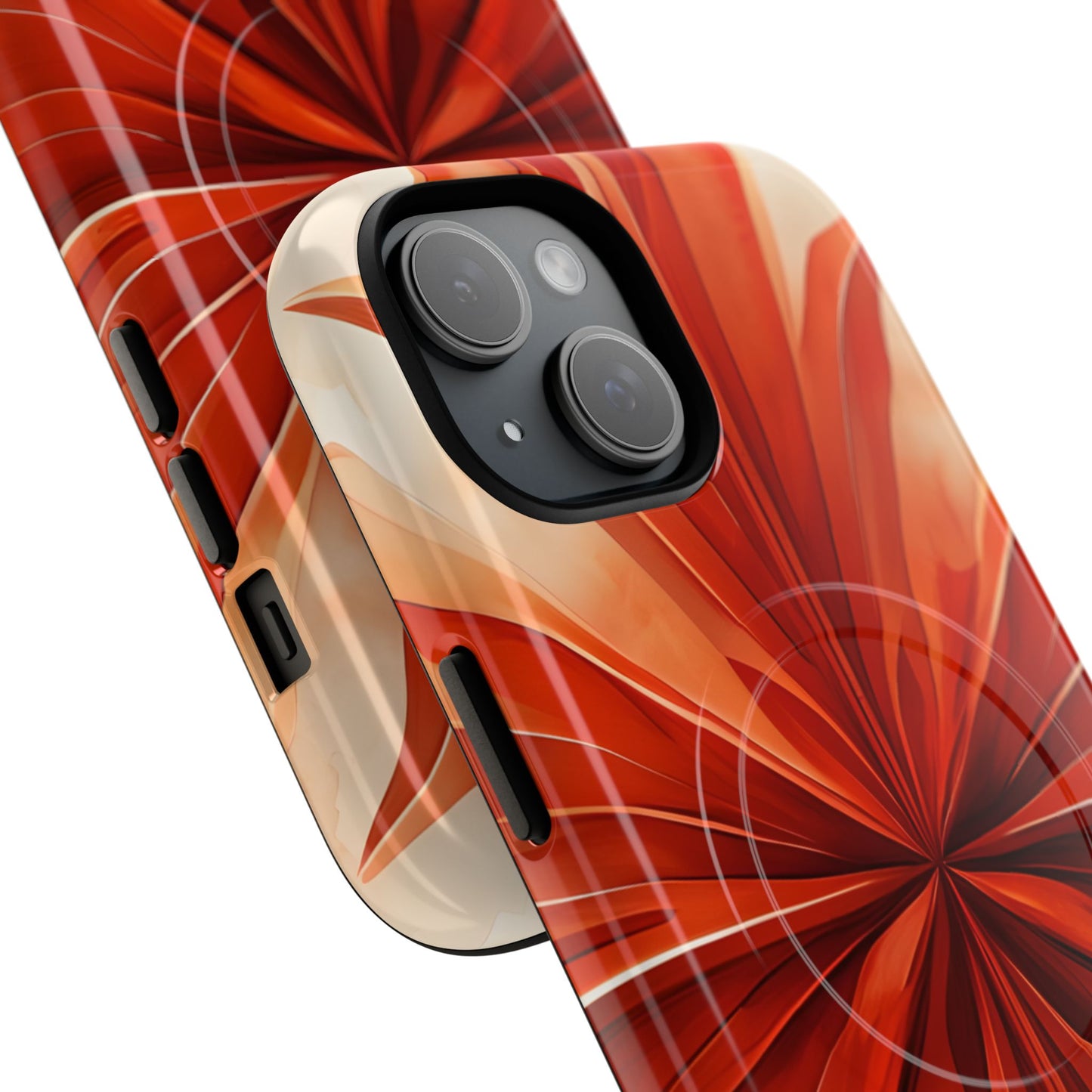 Angled view of Sunset Fleur orange floral geometric iPhone MagSafe protective case