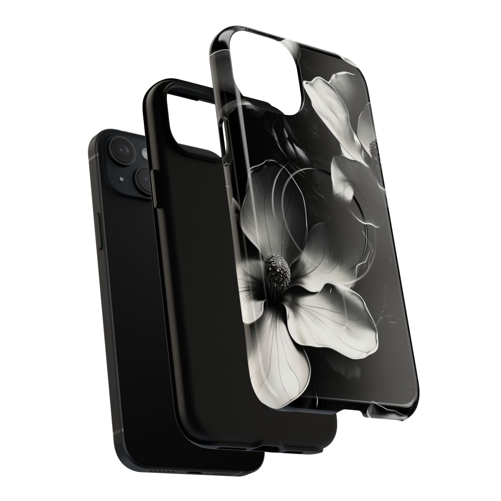 Monochrome Magnolia - Elegant Black & White Floral iPhone 15 Plus MagSafe Phone Case - Artistic Magnolia Design