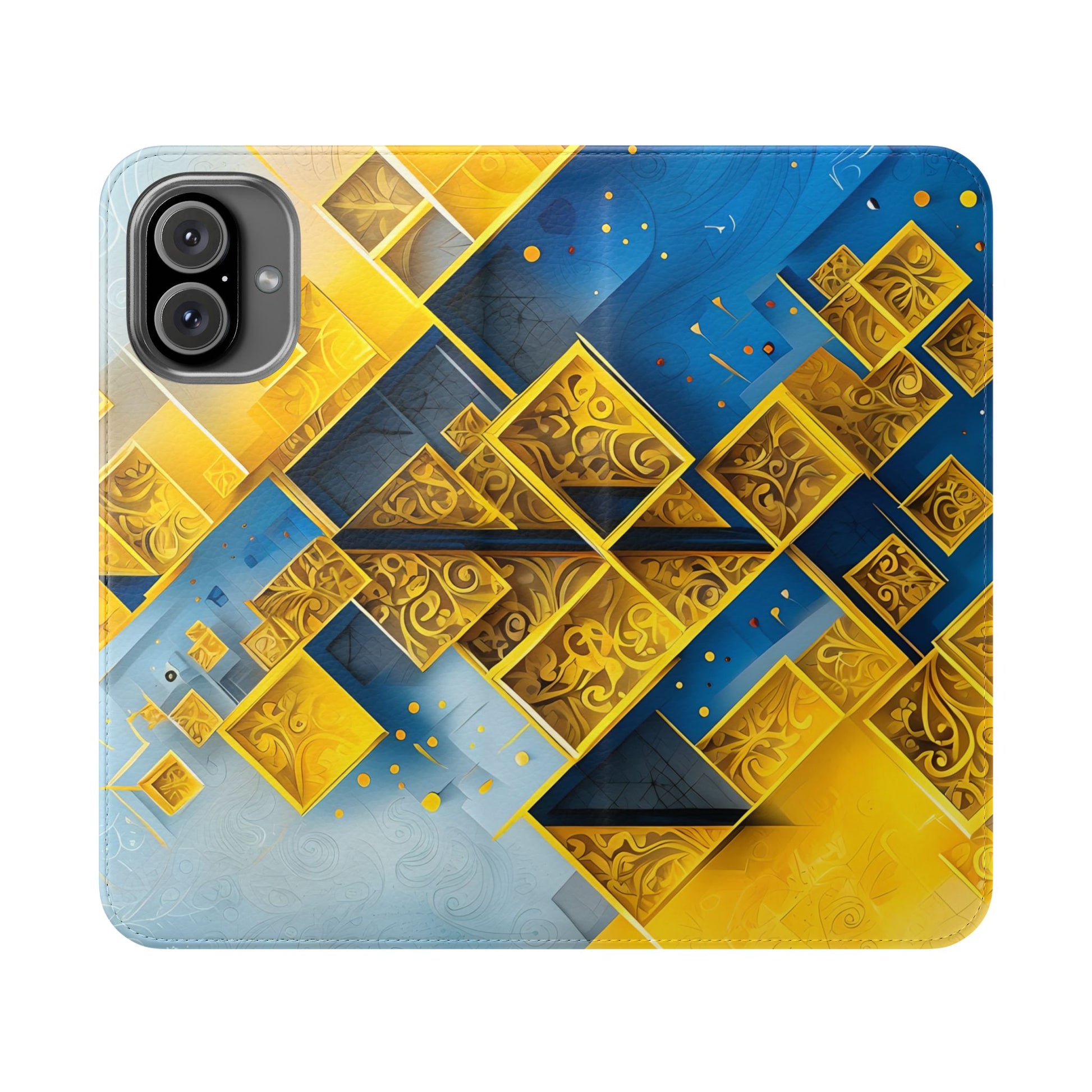 Golden Ascent Wallet Phone Case - Abstract Yellow & Blue Flip Cover for iPhone 16 Plus