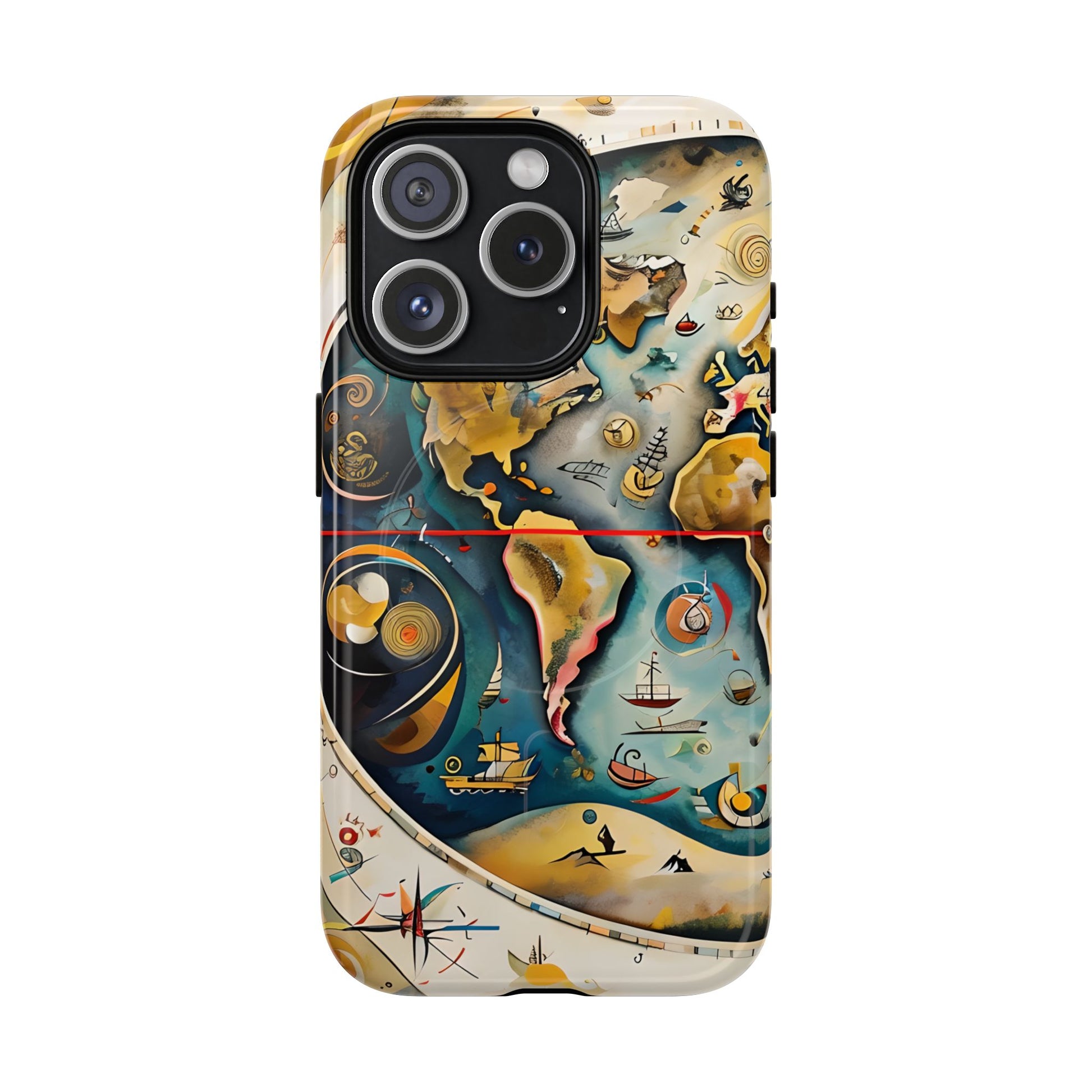 Celestial Map iPhone 15 Pro MagSafe Phone Case -Vintage Nautical World Map, Artistic Blue & Gold