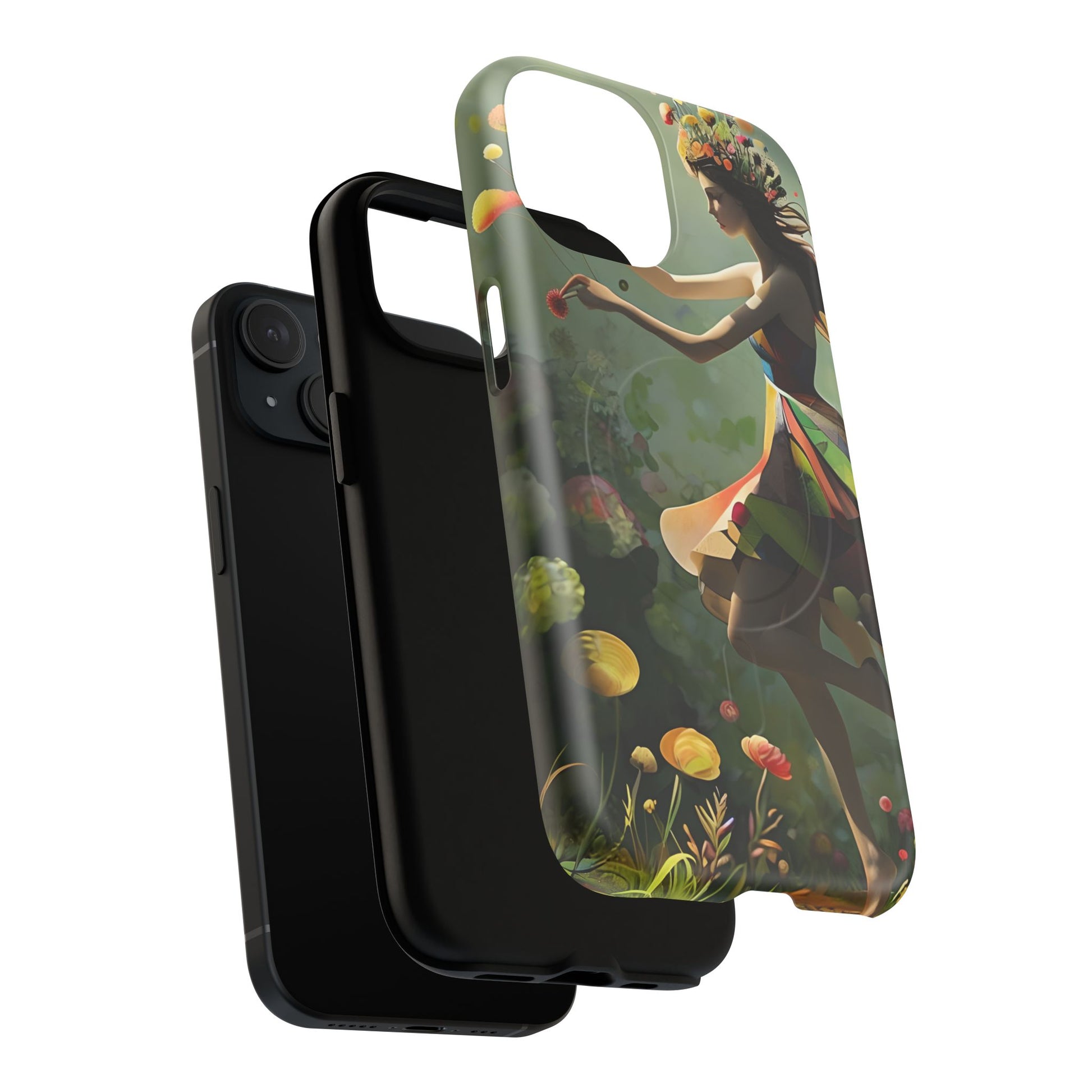 Dancing Wildflower Muse iPhone 15 - Artistic Floral Fantasy Cover - MagSafe Compatible - Whimsical Nature-Inspired Protective Accessory